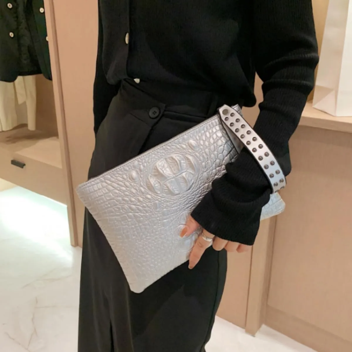 IAMUHI Women Faux Leather Crocodile Envelope Clutch Bag Wristlet Zipper Evening Handbag Wallet Purse