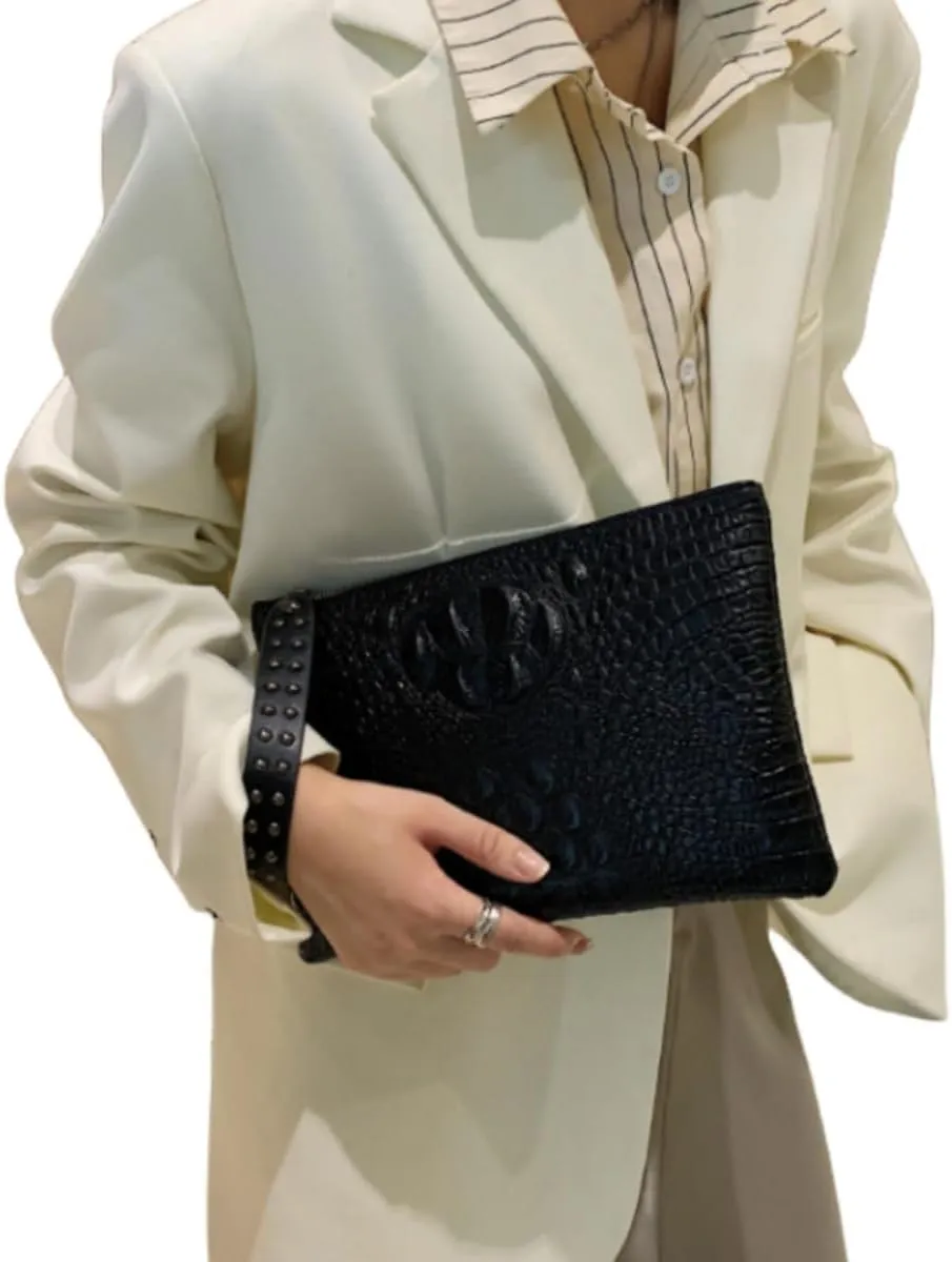 IAMUHI Women Faux Leather Crocodile Envelope Clutch Bag Wristlet Zipper Evening Handbag Wallet Purse