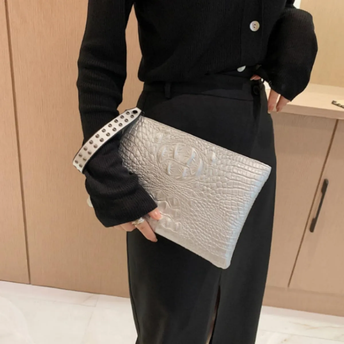 IAMUHI Women Faux Leather Crocodile Envelope Clutch Bag Wristlet Zipper Evening Handbag Wallet Purse
