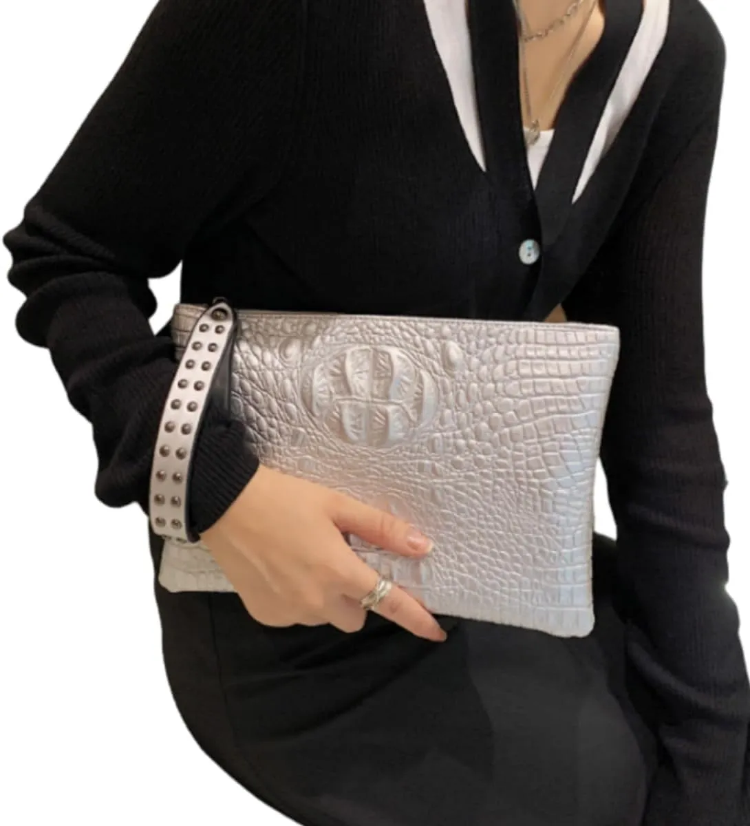IAMUHI Women Faux Leather Crocodile Envelope Clutch Bag Wristlet Zipper Evening Handbag Wallet Purse