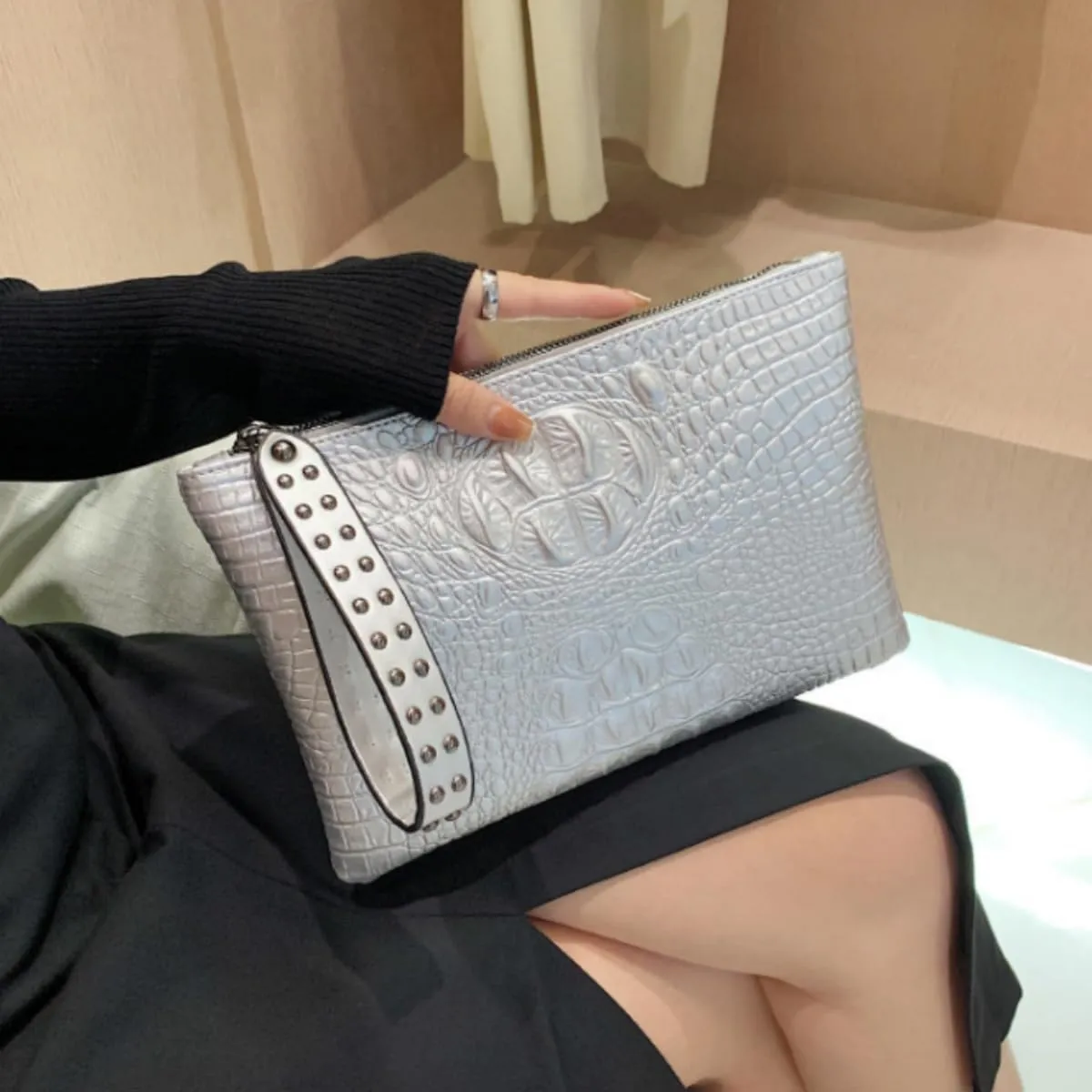 IAMUHI Women Faux Leather Crocodile Envelope Clutch Bag Wristlet Zipper Evening Handbag Wallet Purse