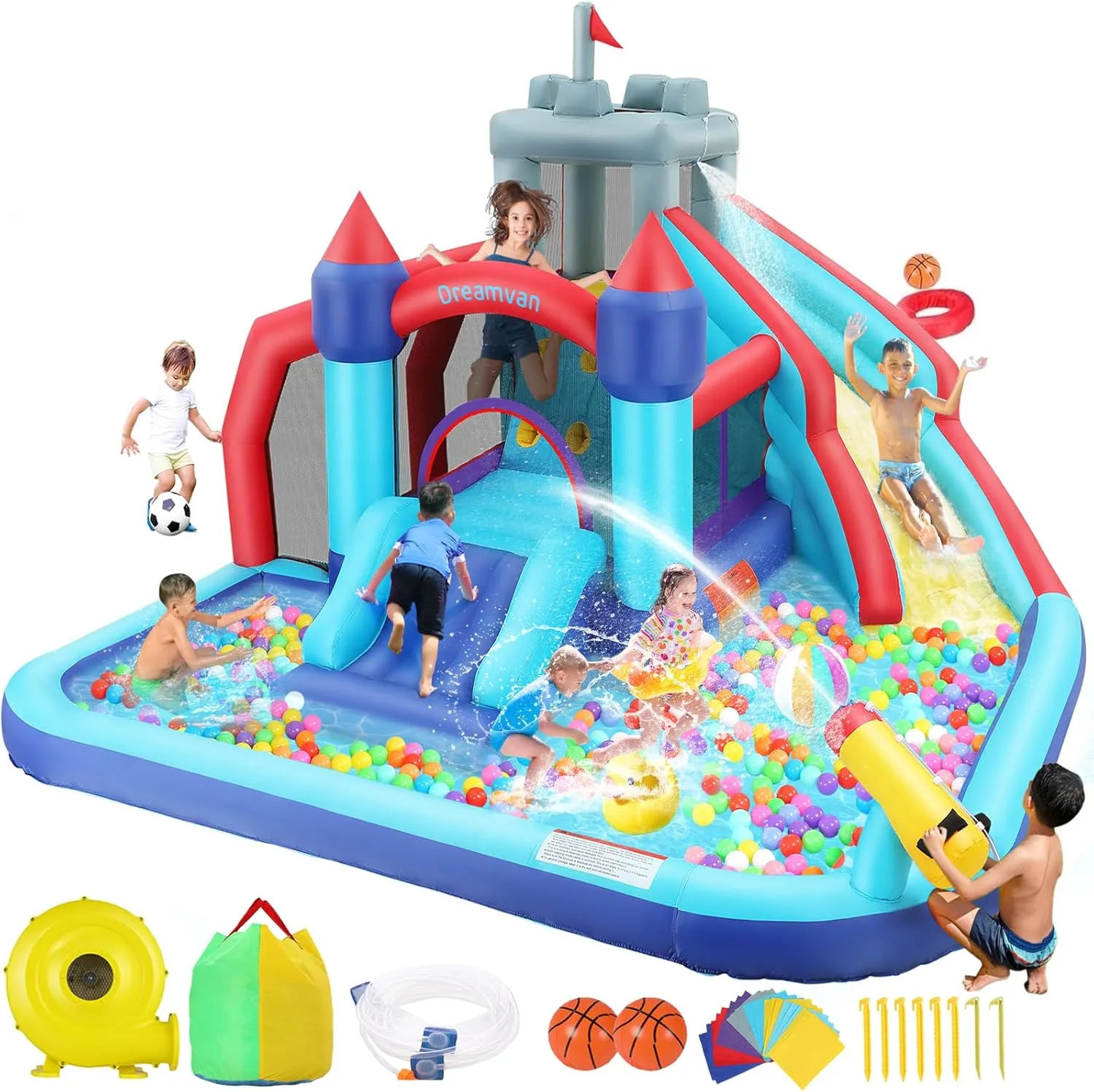 Inflatable Bounce House for Kids, Giant Water Slide Park 9 in 1 with 2 Slides,Basketball Hoop,Climbing Wall,Cannon,Ball Shooting, Jumping and Splash Pool with 580W Blower (Bounce Castle)