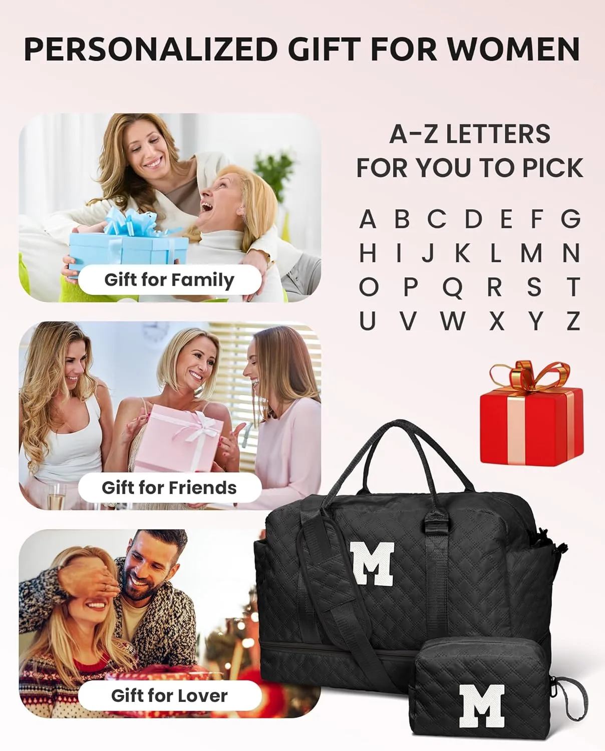 Initial Duffle - Personalized Monogram Travel Bag with Shoulder Strap - Women Overnight Bag with Wet Pocket - Makeup Bag Gift