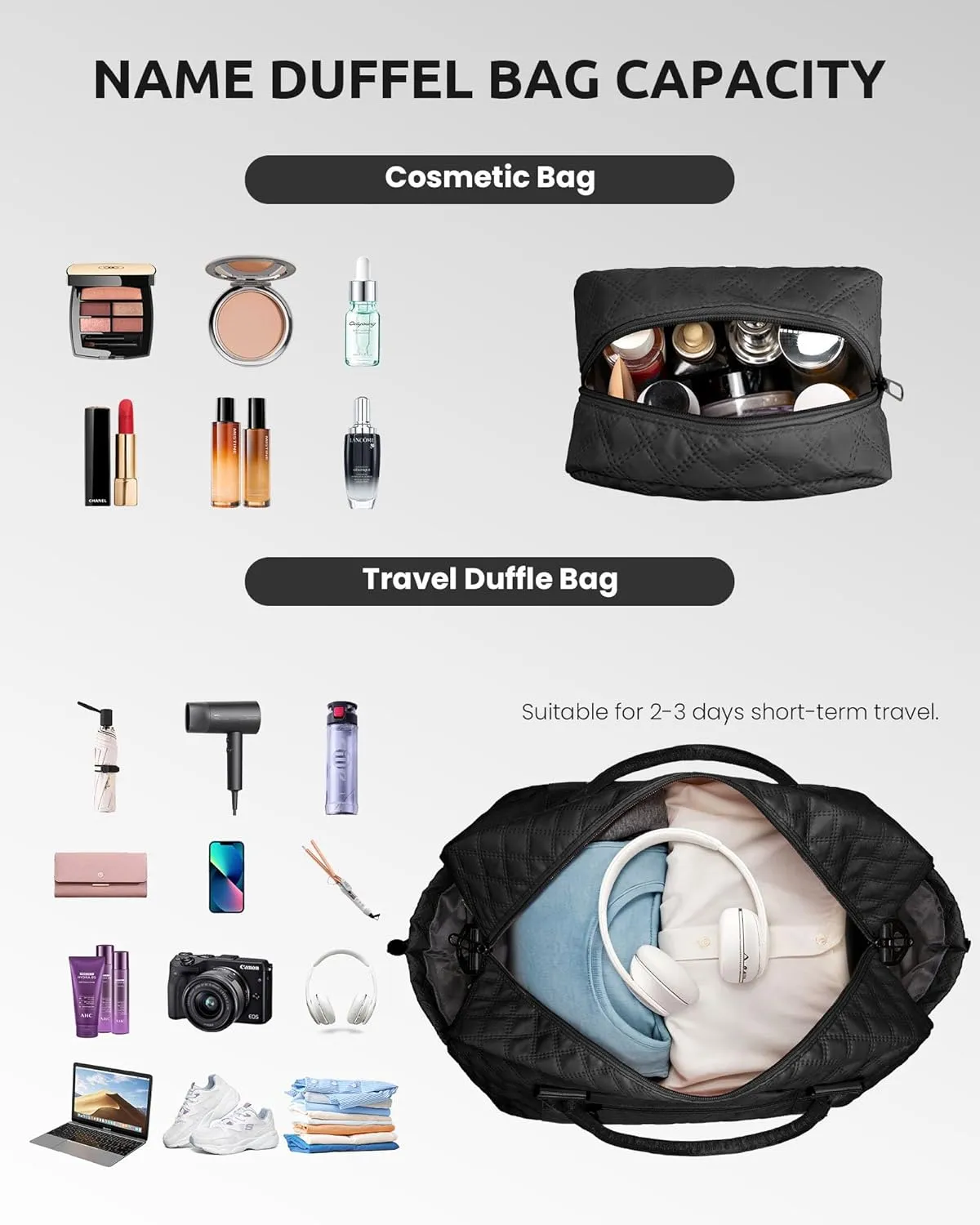 Initial Duffle - Personalized Monogram Travel Bag with Shoulder Strap - Women Overnight Bag with Wet Pocket - Makeup Bag Gift