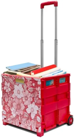 Inspired Living Ultra-Slim Rolling Collapsible Storage Pack-N-Roll Utility-carts, with Telescopic Handle, for Home, Garden, Shopping, Office, School use, Large, Red, White Flower Print