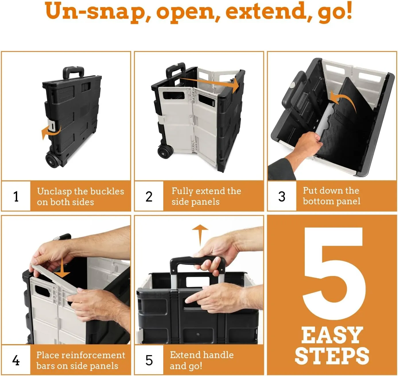 Inspired Living Ultra-Slim Rolling Collapsible Storage Pack-N-Roll Utility-carts, with Telescopic Handle, for Home, Garden, Shopping, Office, School use, Medium, White & Black