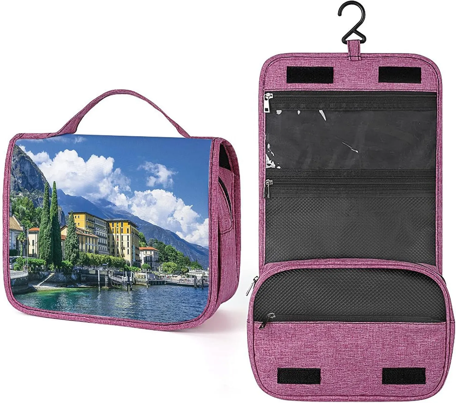 Italy Theme,Makeup Bag Cosmetic Travel Bag with Hanging Hook,Panoramic Landscape of Lake and Clouds,Water-resistant Make Up Bag Organizer for,Full-size Container,Toiletries,Blue And Green