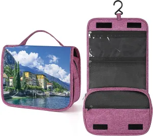 Italy Theme,Makeup Bag Cosmetic Travel Bag with Hanging Hook,Panoramic Landscape of Lake and Clouds,Water-resistant Make Up Bag Organizer for,Full-size Container,Toiletries,Blue And Green