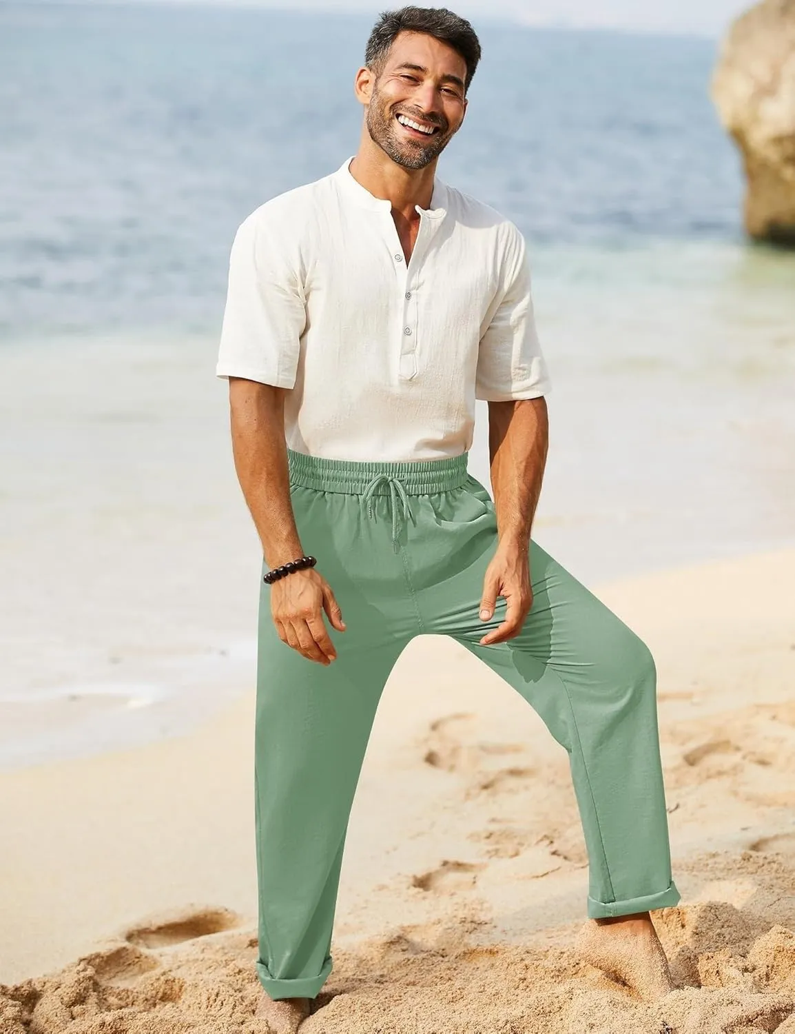 iWoo Linen Pants Men Casual 2025 Summer Beach Elastic Drawstring Waist Yoga Pants Travel Baggy Work Pant Pajama