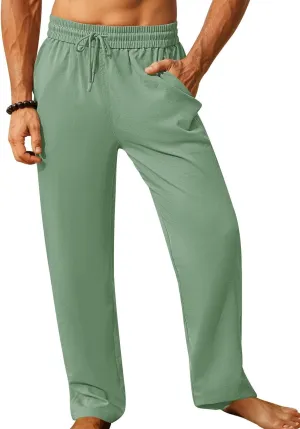 iWoo Linen Pants Men Casual 2025 Summer Beach Elastic Drawstring Waist Yoga Pants Travel Baggy Work Pant Pajama