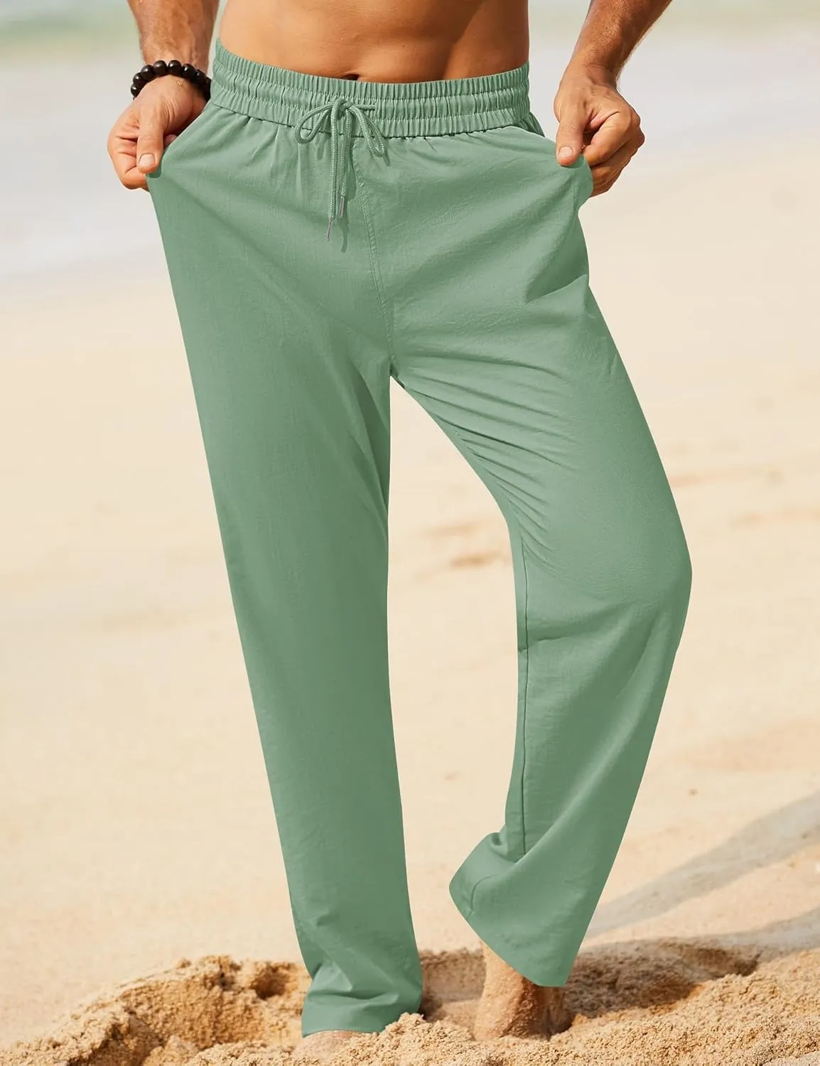 iWoo Linen Pants Men Casual 2025 Summer Beach Elastic Drawstring Waist Yoga Pants Travel Baggy Work Pant Pajama