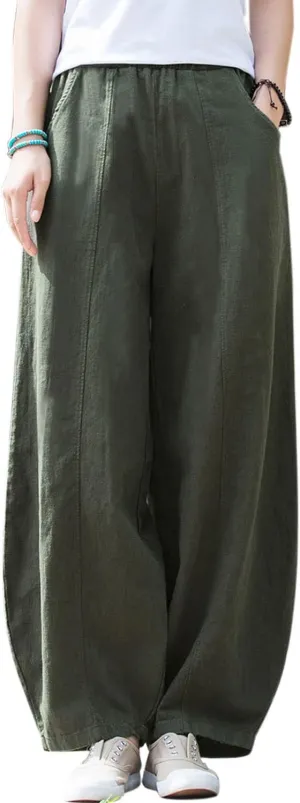 IXIMO Women's Casual Cotton Linen Baggy Pants with Elastic Waist Relax Fit Lantern Trouser