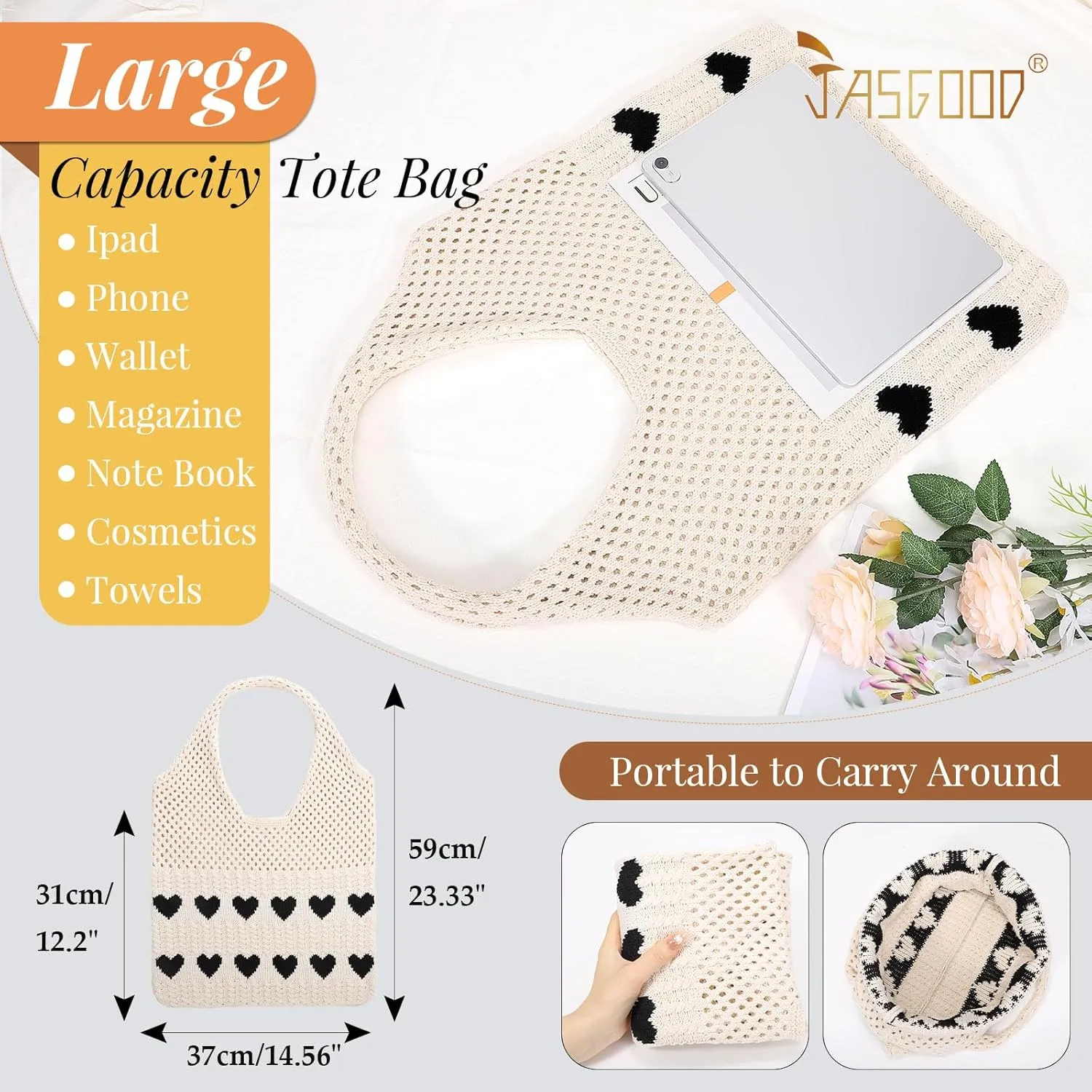JASGOOD Crochet Beach Bags for Women Knit Summer Vacation Tote Bag Aesthetic Tote Boho Shoulder Handbag