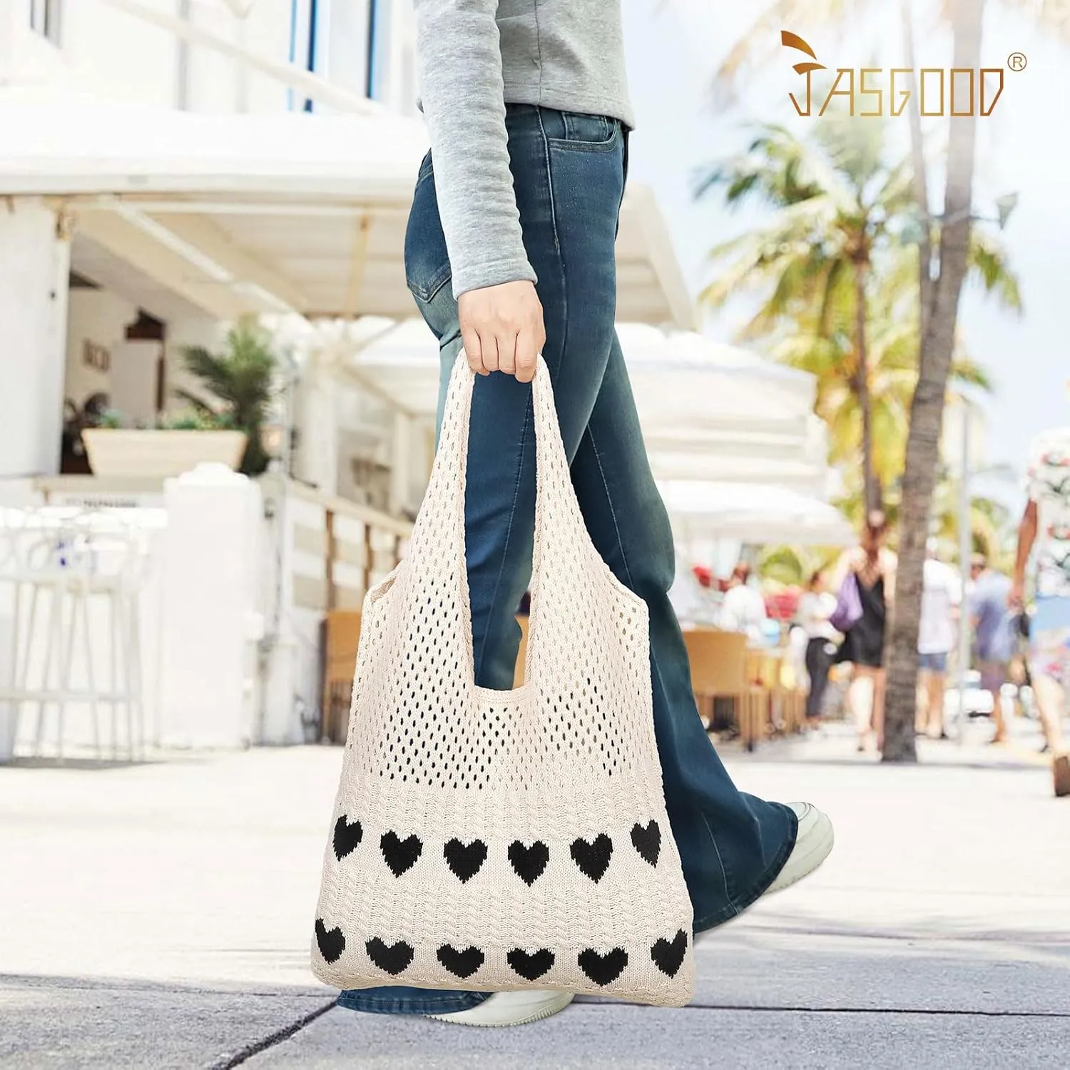 JASGOOD Crochet Beach Bags for Women Knit Summer Vacation Tote Bag Aesthetic Tote Boho Shoulder Handbag