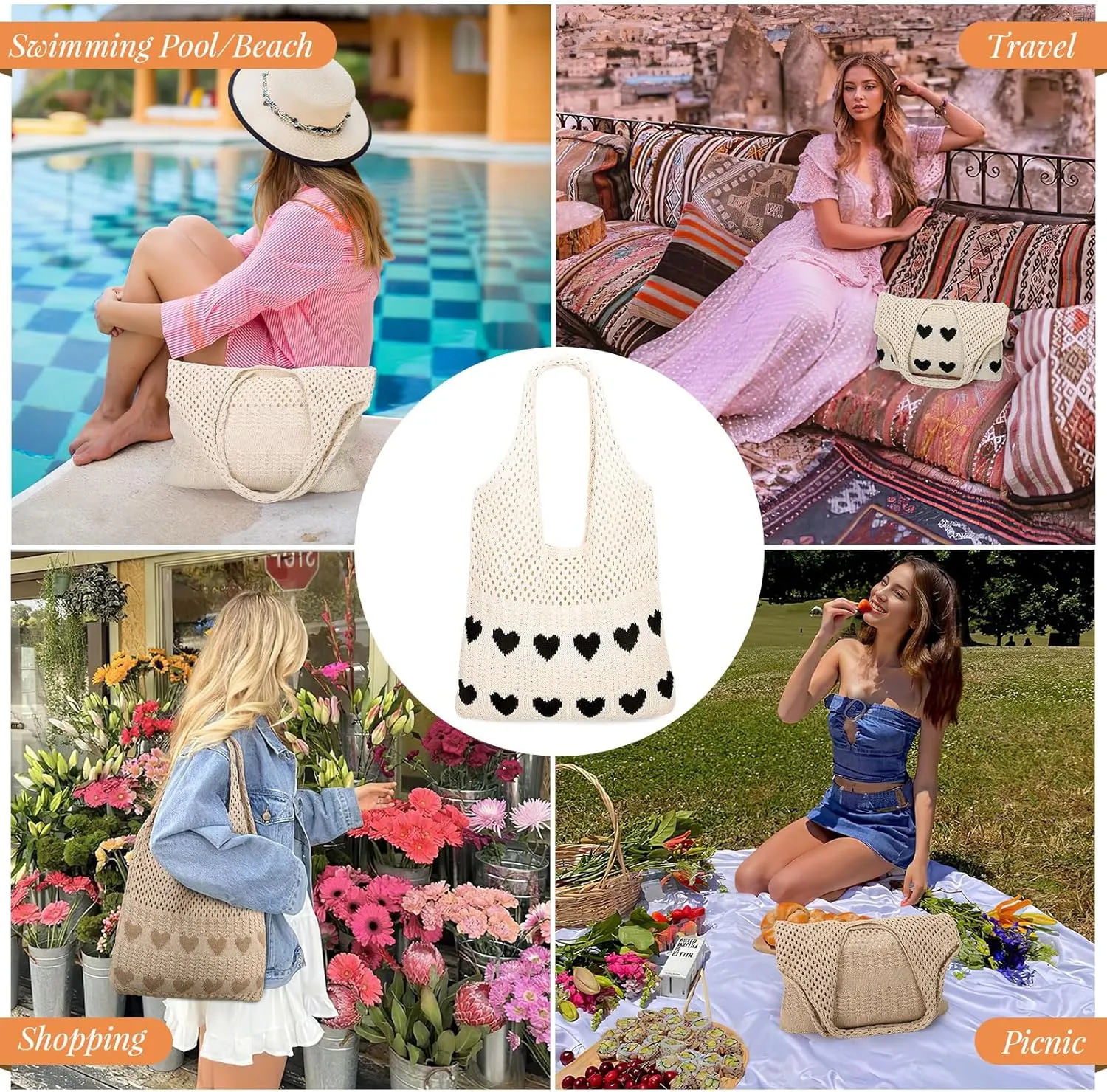 JASGOOD Crochet Beach Bags for Women Knit Summer Vacation Tote Bag Aesthetic Tote Boho Shoulder Handbag