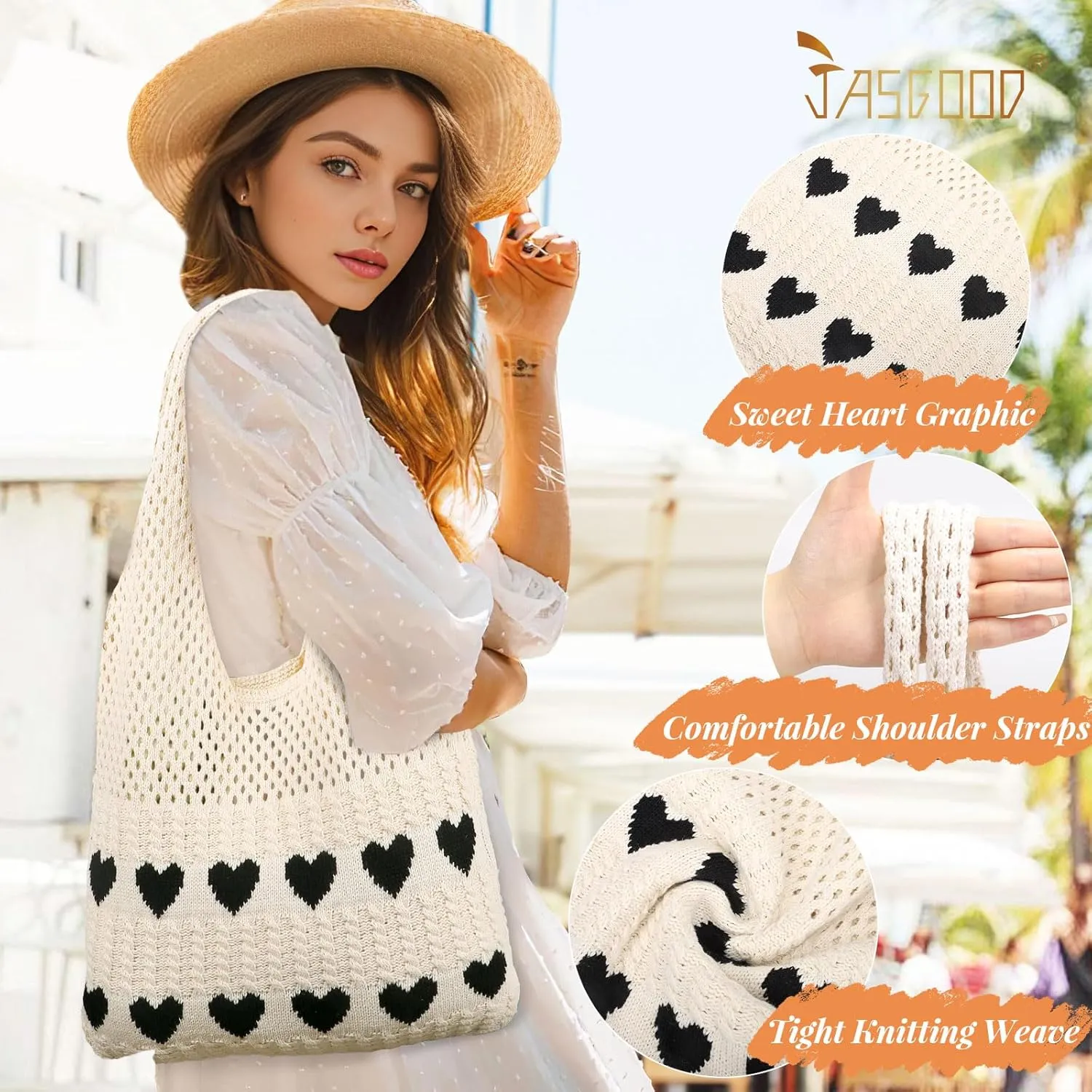 JASGOOD Crochet Beach Bags for Women Knit Summer Vacation Tote Bag Aesthetic Tote Boho Shoulder Handbag