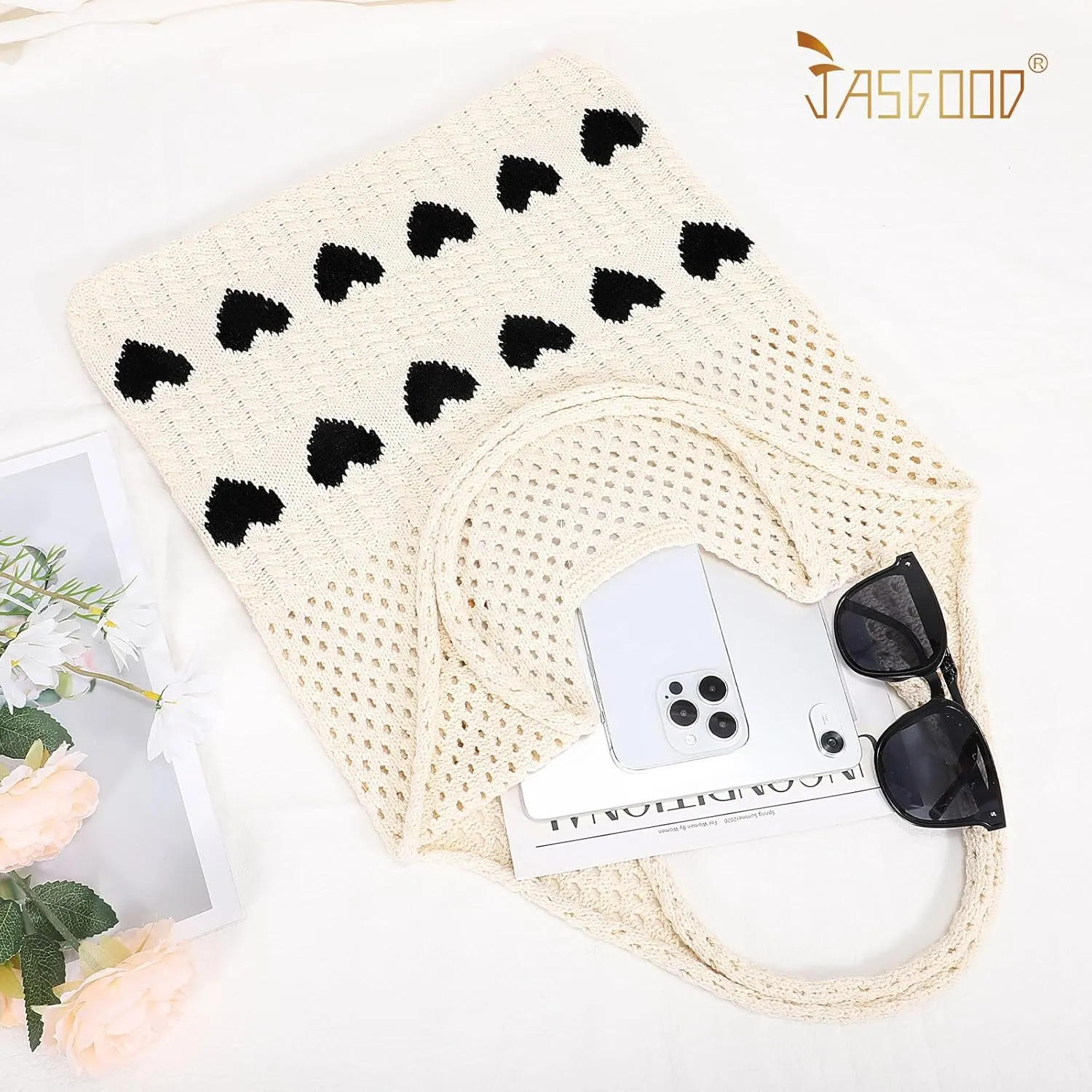 JASGOOD Crochet Beach Bags for Women Knit Summer Vacation Tote Bag Aesthetic Tote Boho Shoulder Handbag