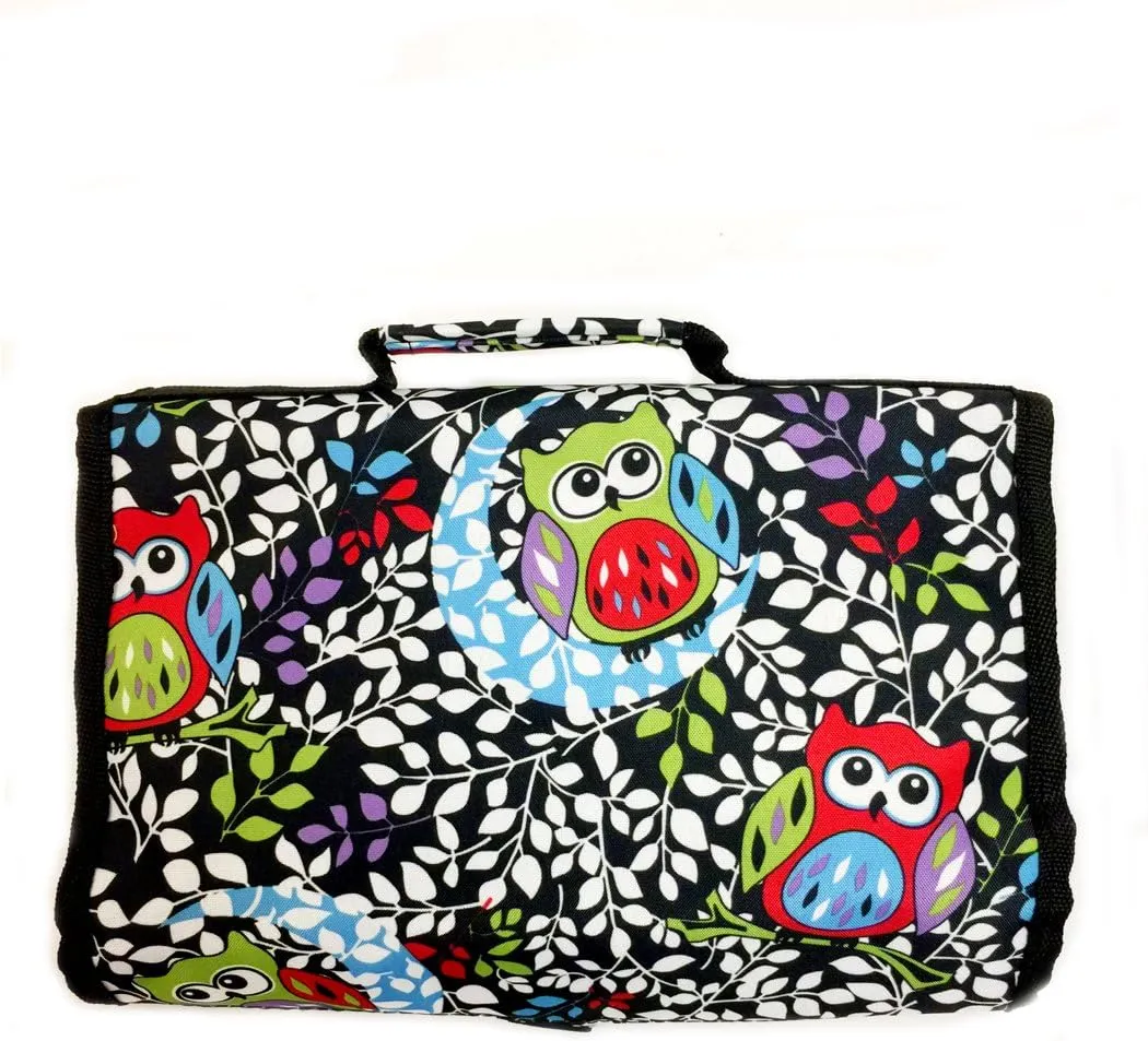JChronicles Women's Large Hanging Toiletry Cosmetic Organizer Bag-Roll Up for Travel (Owl-BK)