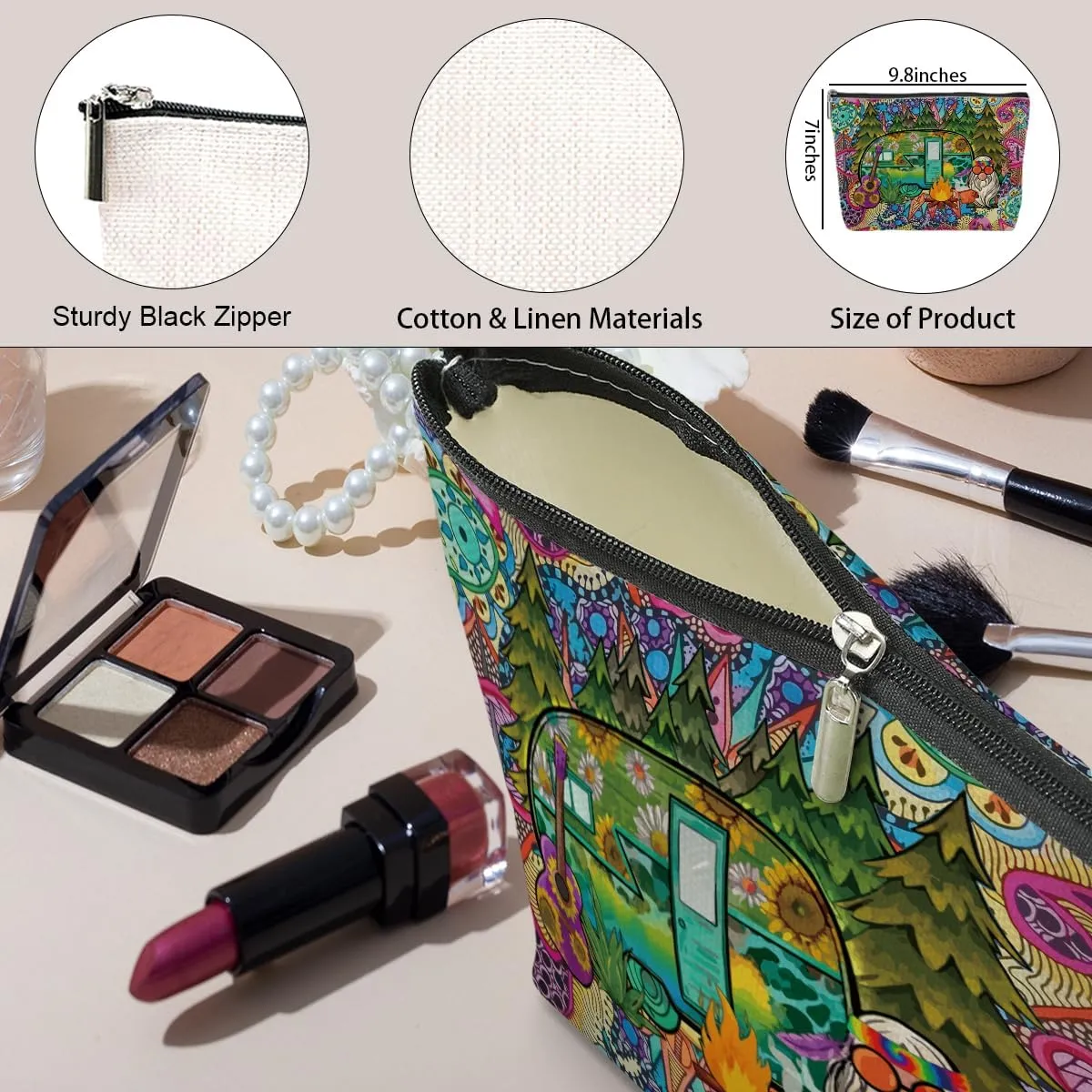 jeilink Hippie Gifts Makeup Bag Funny Hippie Van Hippie Decor Stuff Retro Camper Car Travel Toiletry Bag for Women Best Friends Grandma Mom Sister Coworker Nurse Camping Birthday Christmas Retirement