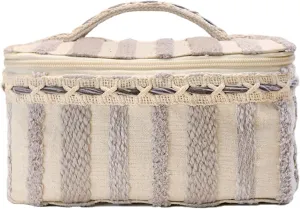 JEN & CO. Bohemian Style Large Cotton Zipper Closure Cosmetic Bag Carrying Make-up Case with Handle and Cube Pouch Organizer 4 Piece Set, Striped Lavender