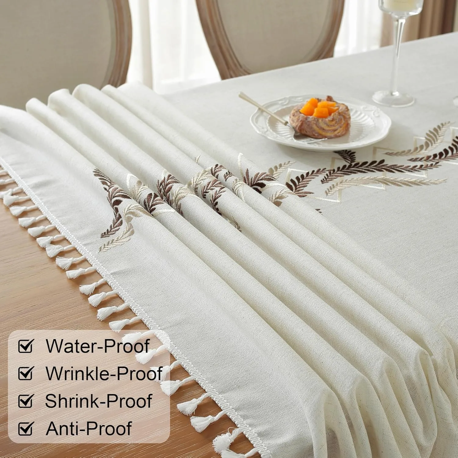 JIALE Tablecloths for Rectangle Tables, Cotton Linen Table Cloth Waterproof Tablecloth Wrinkle Free Farmhouse Dining Table Cover, Soft Fabric Table Cloths with Tassels, Beige, 55" X 70", 4-6 Seats