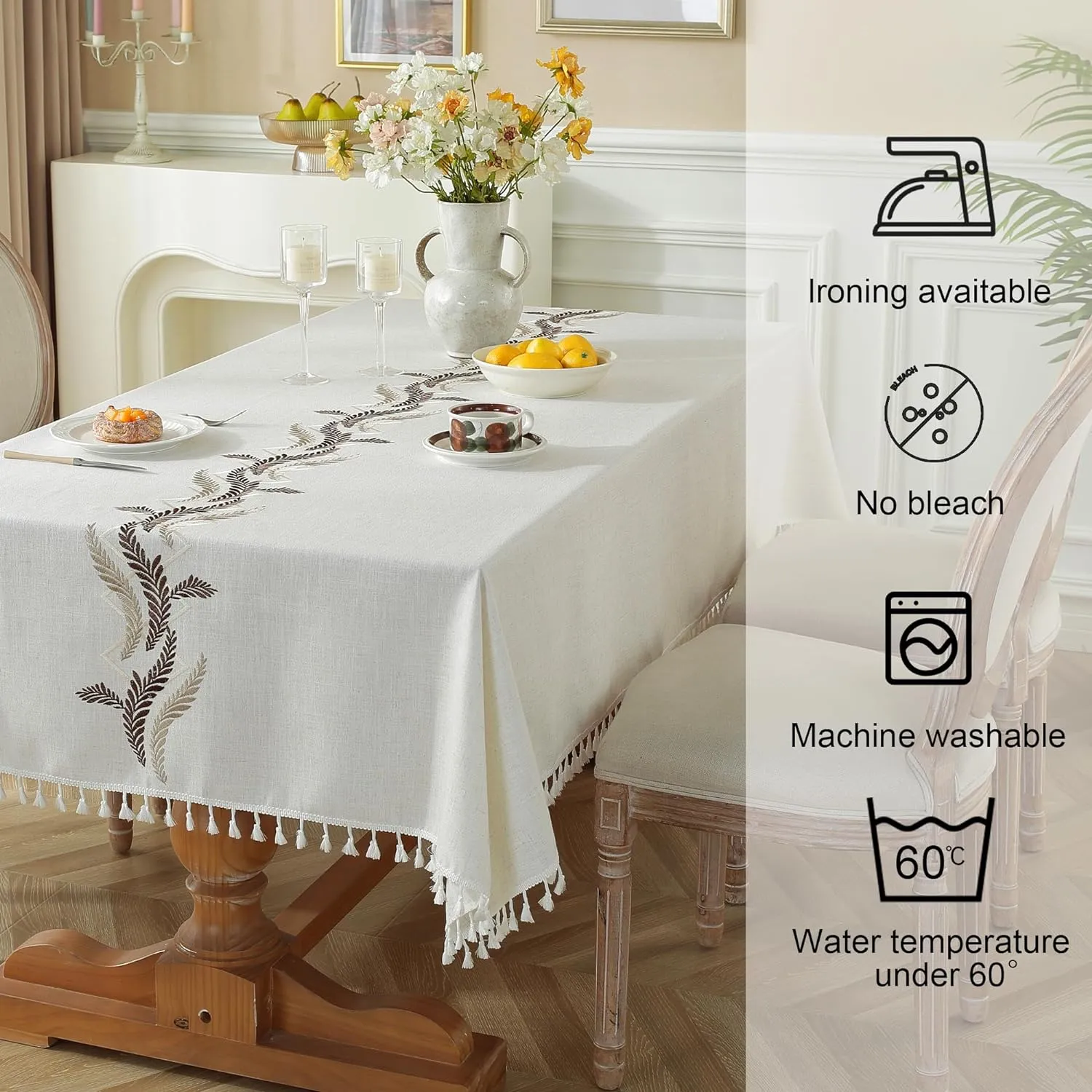 JIALE Tablecloths for Rectangle Tables, Cotton Linen Table Cloth Waterproof Tablecloth Wrinkle Free Farmhouse Dining Table Cover, Soft Fabric Table Cloths with Tassels, Beige, 55" X 70", 4-6 Seats