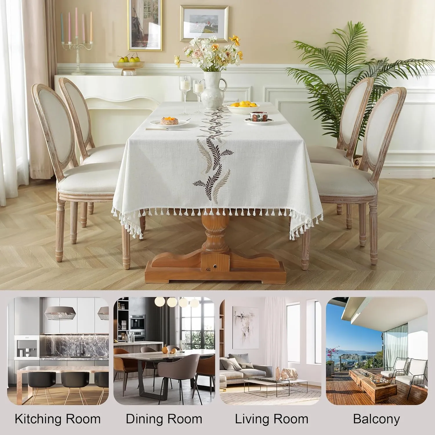 JIALE Tablecloths for Rectangle Tables, Cotton Linen Table Cloth Waterproof Tablecloth Wrinkle Free Farmhouse Dining Table Cover, Soft Fabric Table Cloths with Tassels, Beige, 55" X 70", 4-6 Seats