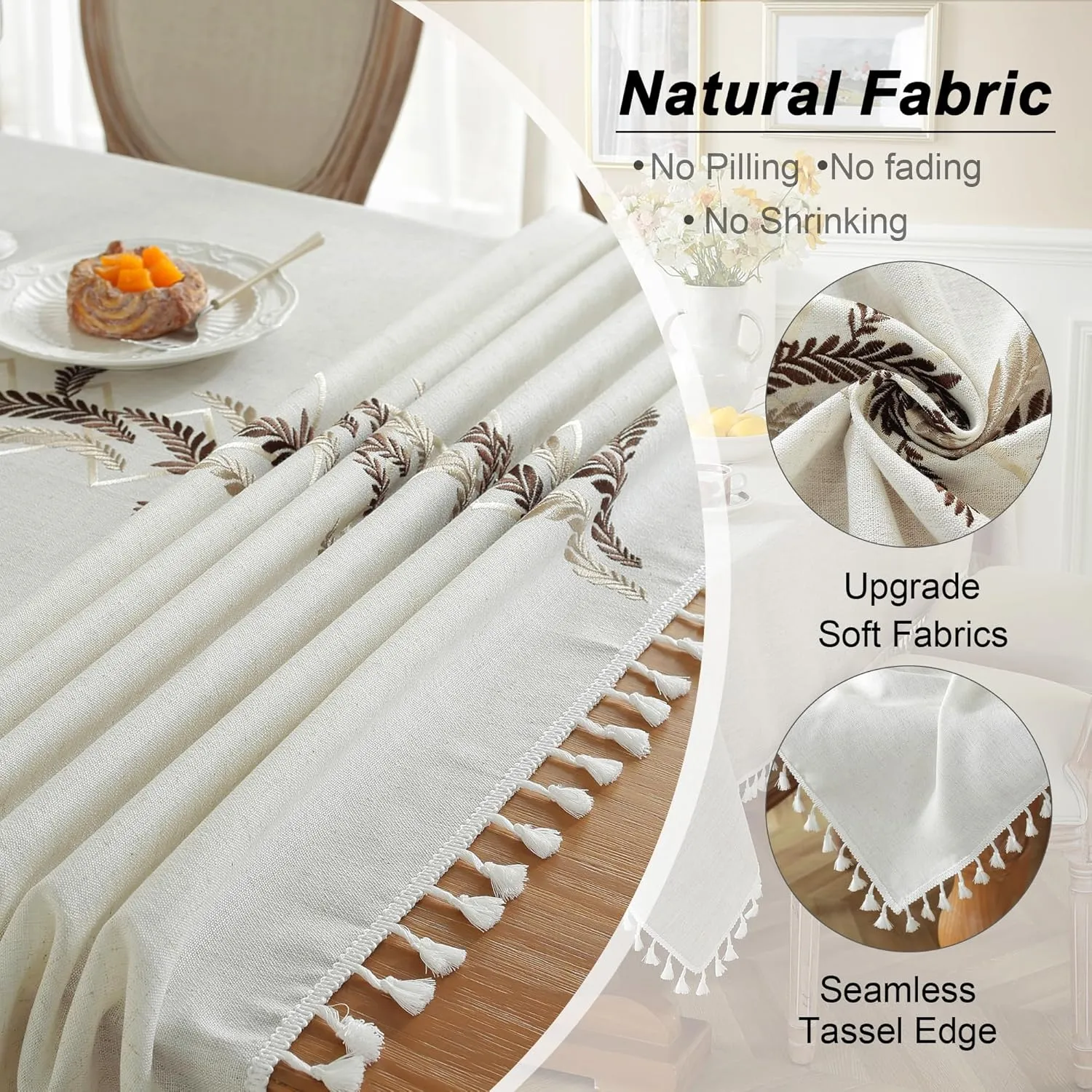 JIALE Tablecloths for Rectangle Tables, Cotton Linen Table Cloth Waterproof Tablecloth Wrinkle Free Farmhouse Dining Table Cover, Soft Fabric Table Cloths with Tassels, Beige, 55" X 70", 4-6 Seats