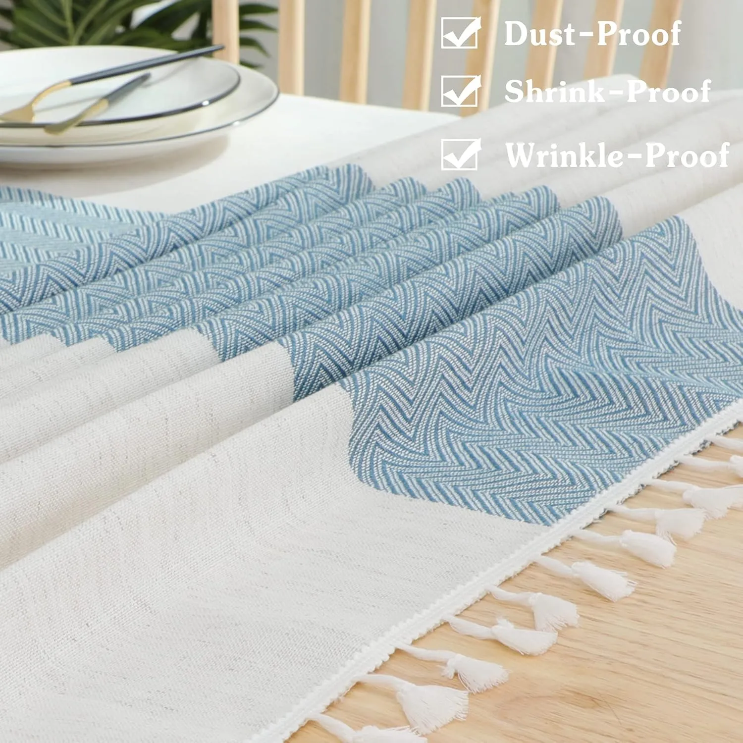 JIALE Tablecloths for Rectangle Tables,Cotton Linen Table Cloth Waterproof Tablecloth Wrinkle Free Farmhouse Dining Table Cover,Soft Fabric Table Cloths with Tassels,Blue & White,55" X 70",4-6 Seats