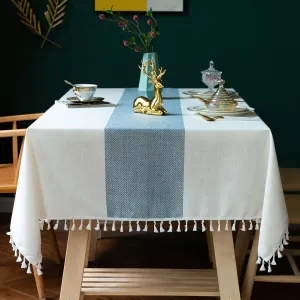 JIALE Tablecloths for Rectangle Tables,Cotton Linen Table Cloth Waterproof Tablecloth Wrinkle Free Farmhouse Dining Table Cover,Soft Fabric Table Cloths with Tassels,Blue & White,55" X 70",4-6 Seats