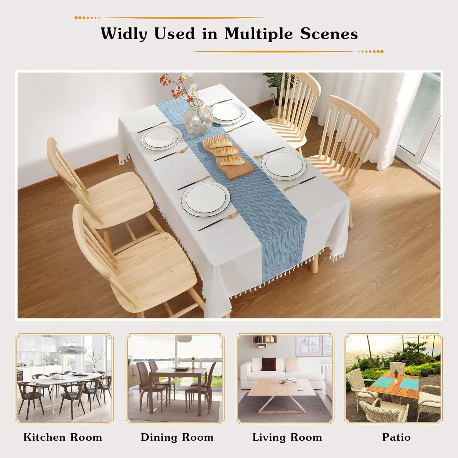 JIALE Tablecloths for Rectangle Tables,Cotton Linen Table Cloth Waterproof Tablecloth Wrinkle Free Farmhouse Dining Table Cover,Soft Fabric Table Cloths with Tassels,Blue & White,55" X 70",4-6 Seats
