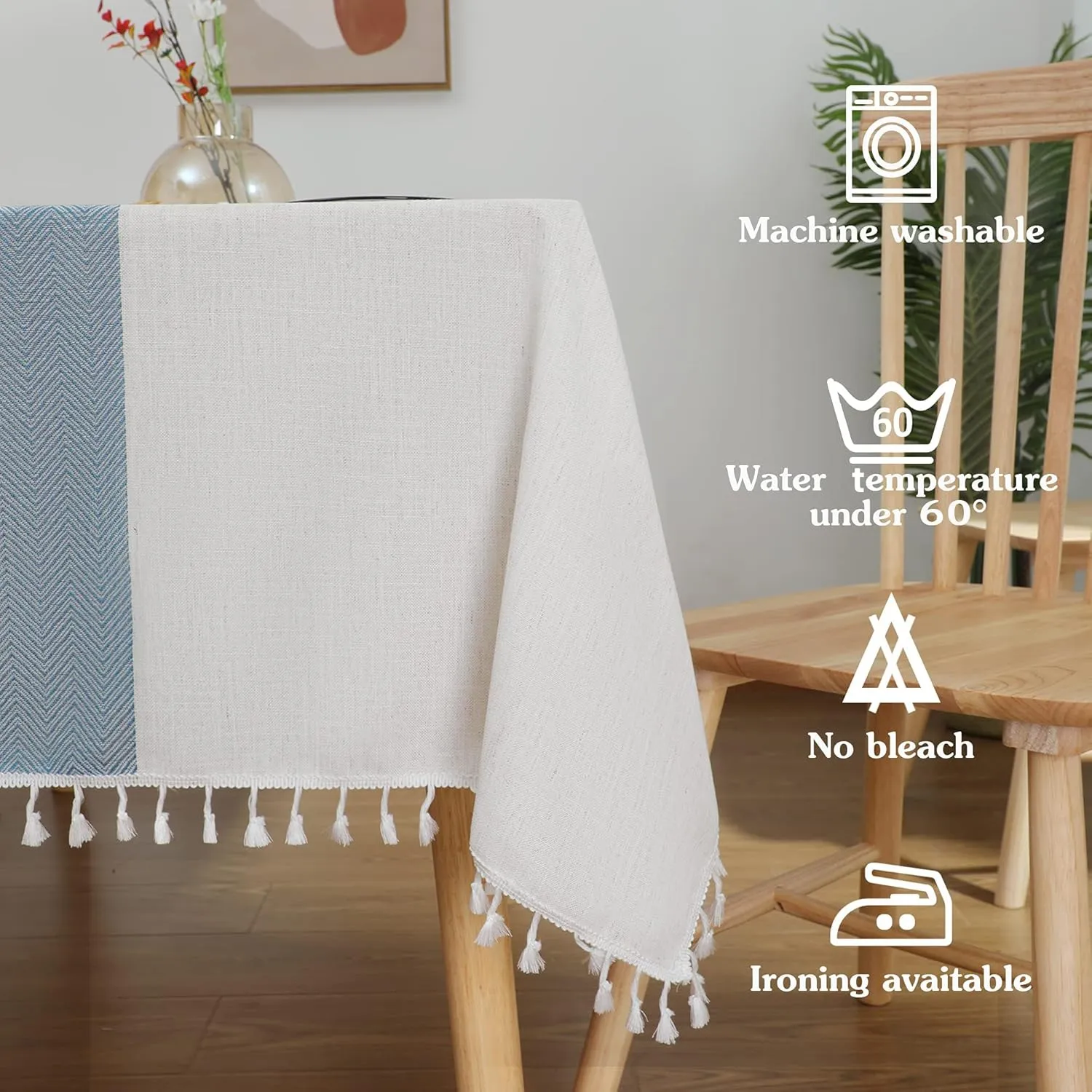 JIALE Tablecloths for Rectangle Tables,Cotton Linen Table Cloth Waterproof Tablecloth Wrinkle Free Farmhouse Dining Table Cover,Soft Fabric Table Cloths with Tassels,Blue & White,55" X 70",4-6 Seats