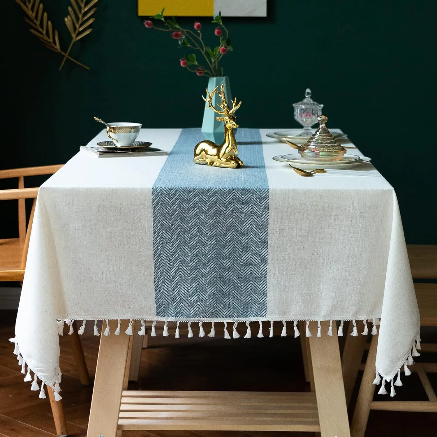JIALE Tablecloths for Rectangle Tables,Cotton Linen Table Cloth Waterproof Tablecloth Wrinkle Free Farmhouse Dining Table Cover,Soft Fabric Table Cloths with Tassels,Blue & White,55" X 70",4-6 Seats