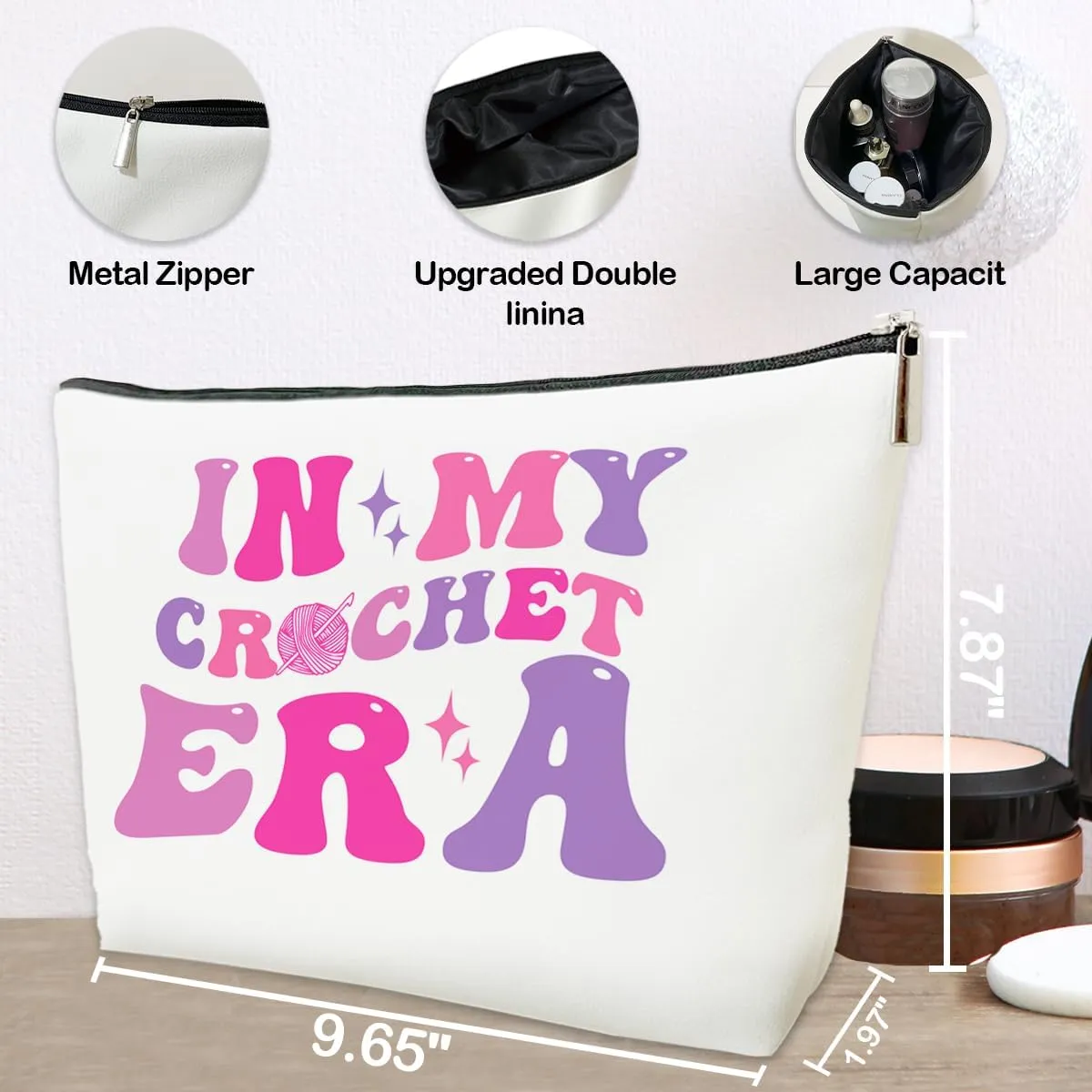 JioJio Chan Crochet Gifts Makeup Bag, Knitting Gifts for Lovers Knitters, Women, In My Crocher Era Cosmetic Bag for Purse