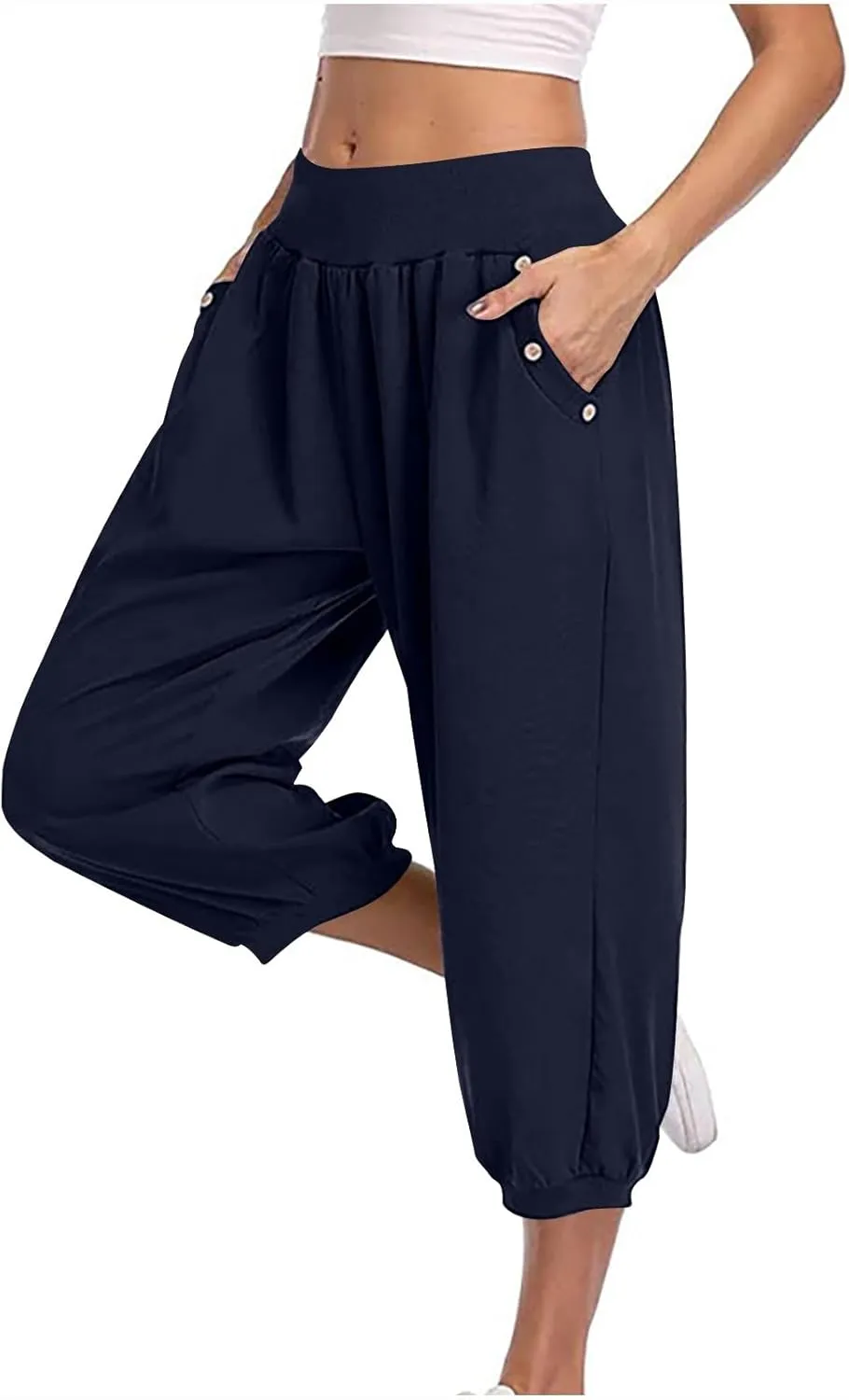 Jogger Capris for Women High Waisted Capri Pants Tummy Control Yoga Capris with Pockets Comfy Cropped Pants Trousers