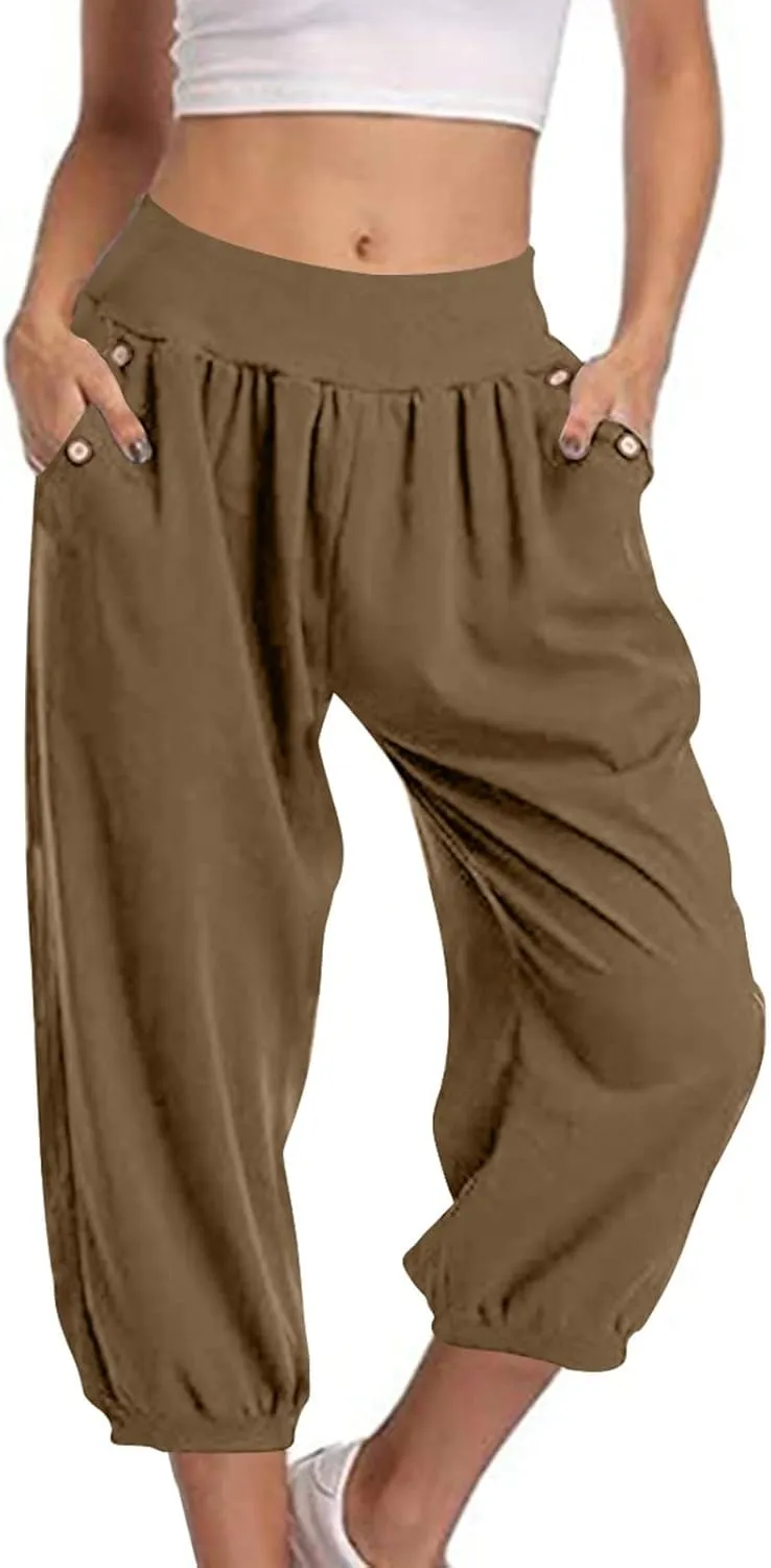Jogger Capris for Women High Waisted Capri Pants Tummy Control Yoga Capris with Pockets Comfy Cropped Pants Trousers