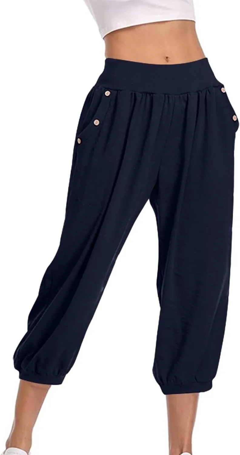Jogger Capris for Women High Waisted Capri Pants Tummy Control Yoga Capris with Pockets Comfy Cropped Pants Trousers