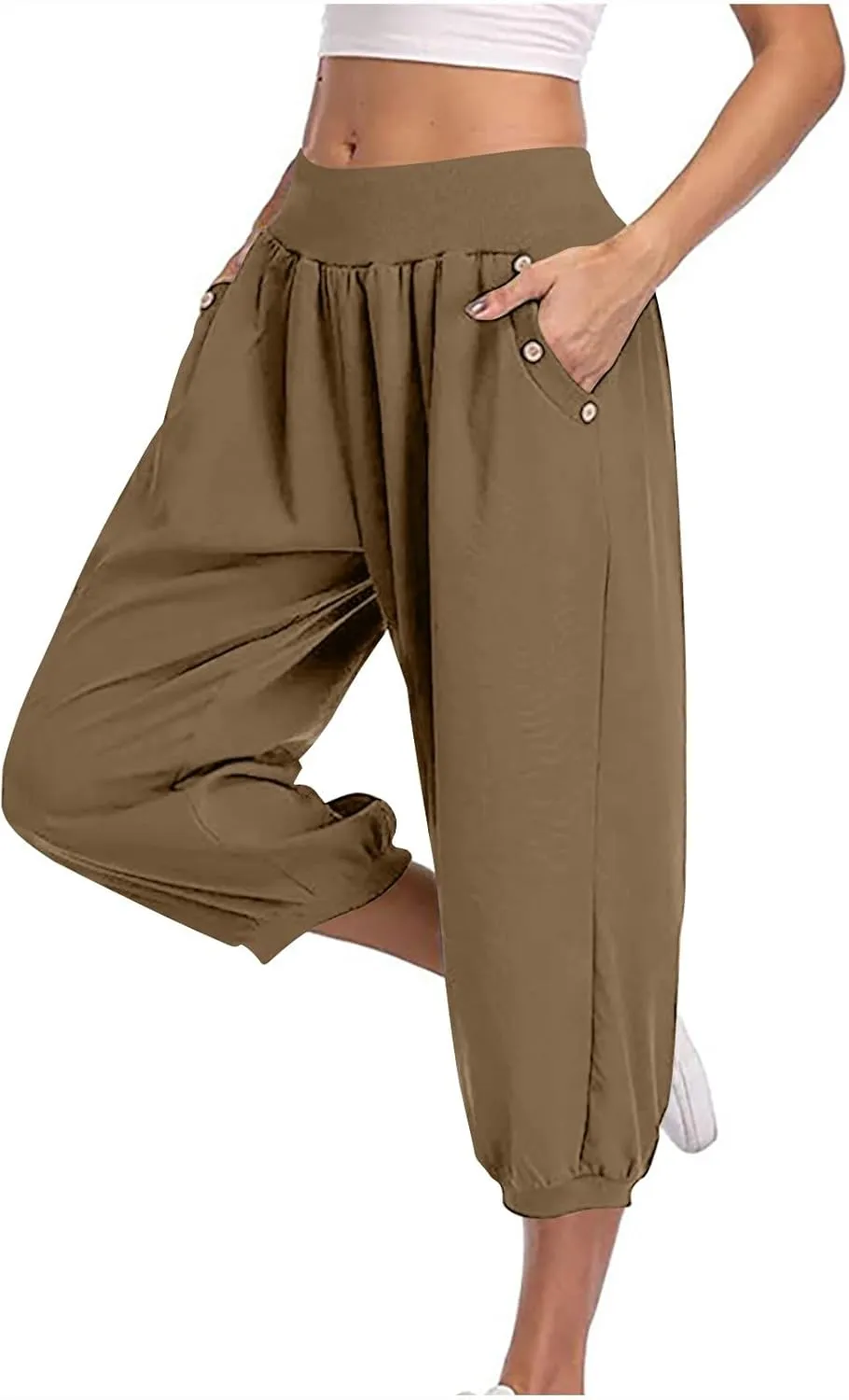Jogger Capris for Women High Waisted Capri Pants Tummy Control Yoga Capris with Pockets Comfy Cropped Pants Trousers