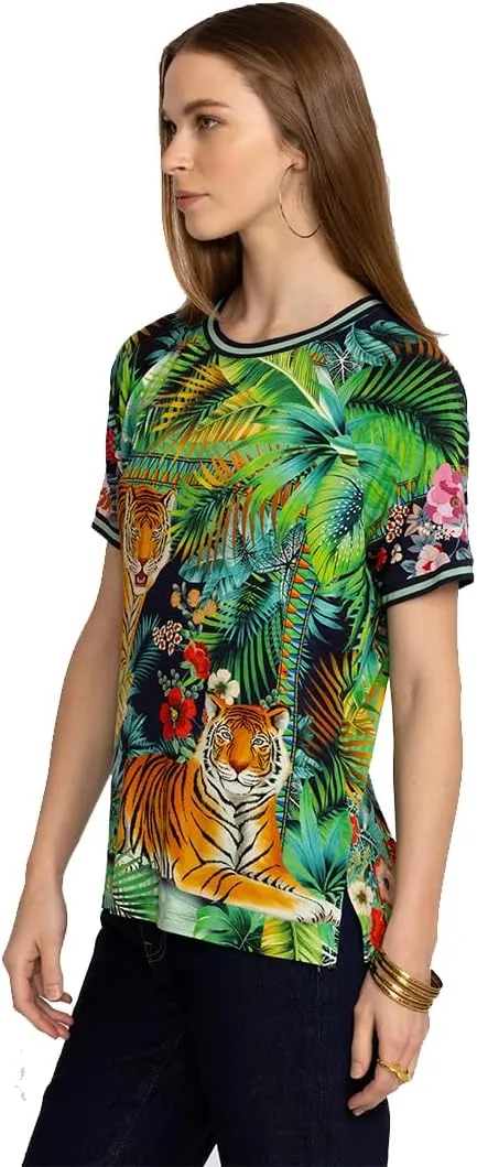 Johnny Was Janie Favorite Raglan Tee Tigres Short Sleeve Green Blue Top Shirt New