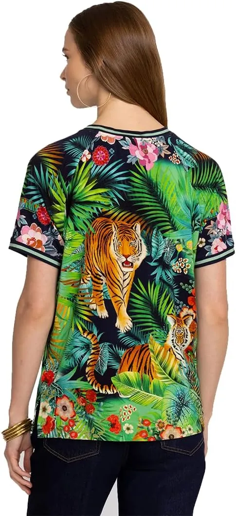 Johnny Was Janie Favorite Raglan Tee Tigres Short Sleeve Green Blue Top Shirt New