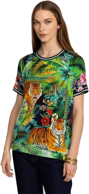Johnny Was Janie Favorite Raglan Tee Tigres Short Sleeve Green Blue Top Shirt New