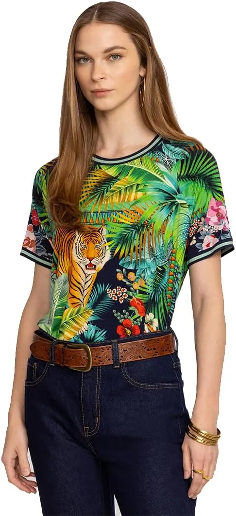 Johnny Was Janie Favorite Raglan Tee Tigres Short Sleeve Green Blue Top Shirt New