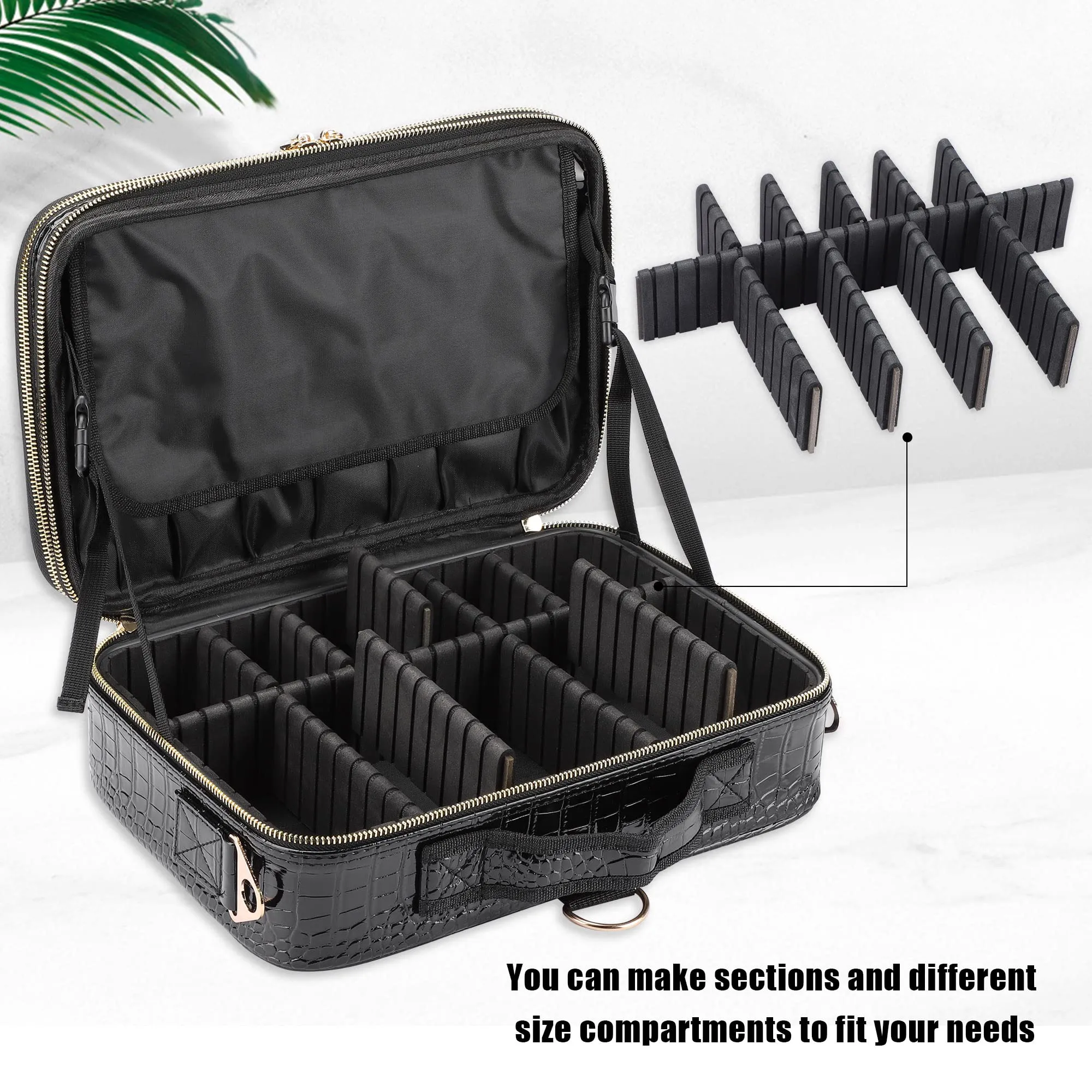 JOURMON Travel Makeup Case 3 Layers Makeup Train Case Crocodile Makeup Bag Organizer Portable Artist Storage Bag with Adjustable Dividers and Shoulder Strap
