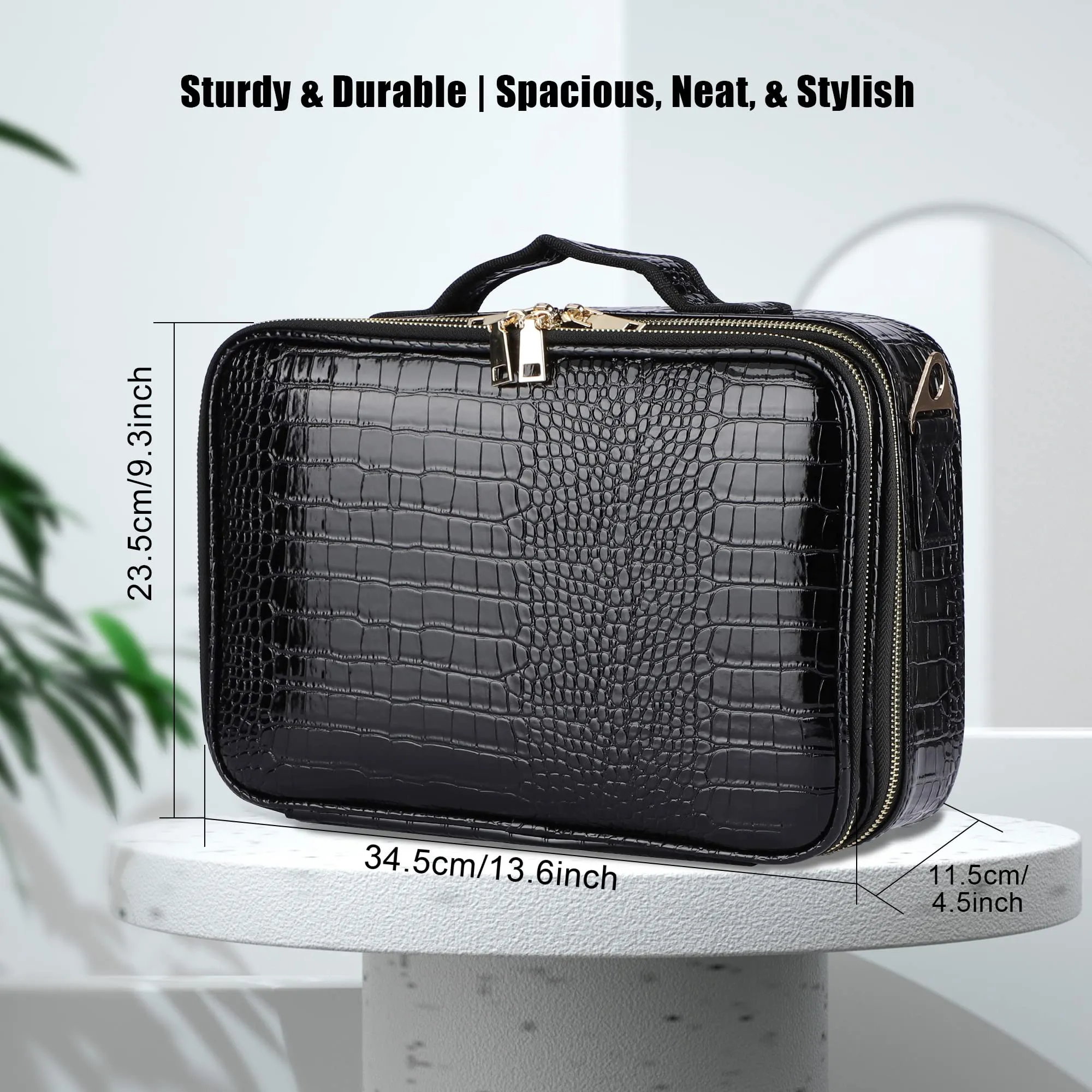 JOURMON Travel Makeup Case 3 Layers Makeup Train Case Crocodile Makeup Bag Organizer Portable Artist Storage Bag with Adjustable Dividers and Shoulder Strap