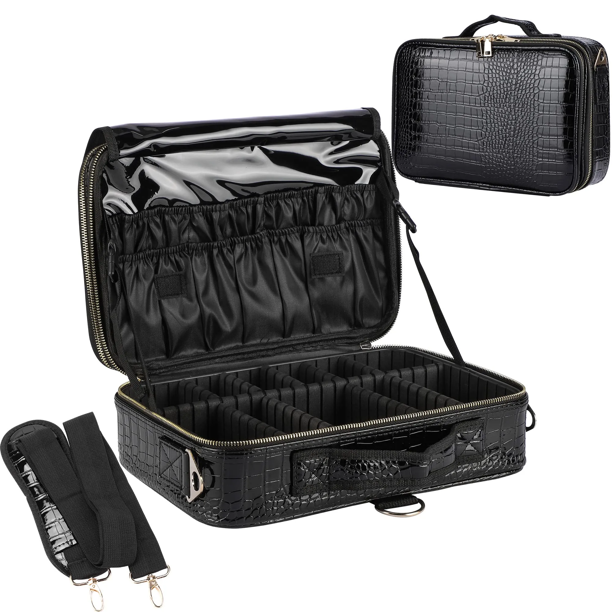 JOURMON Travel Makeup Case 3 Layers Makeup Train Case Crocodile Makeup Bag Organizer Portable Artist Storage Bag with Adjustable Dividers and Shoulder Strap