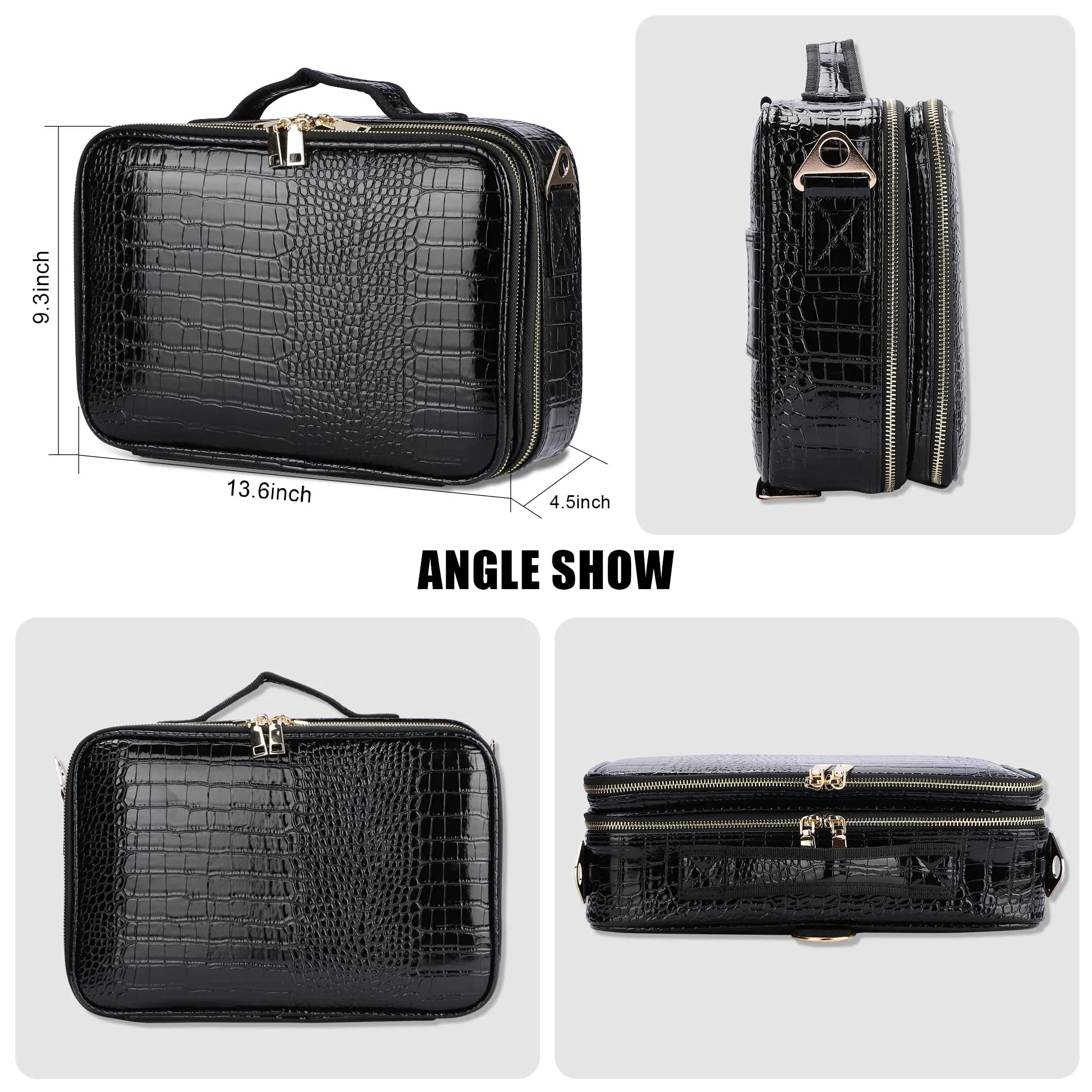 JOURMON Travel Makeup Case 3 Layers Makeup Train Case Crocodile Makeup Bag Organizer Portable Artist Storage Bag with Adjustable Dividers and Shoulder Strap