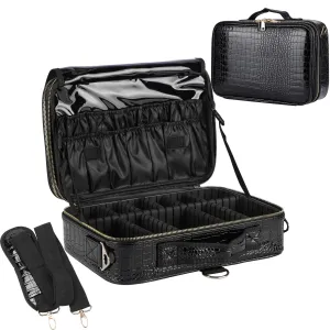 JOURMON Travel Makeup Case 3 Layers Makeup Train Case Crocodile Makeup Bag Organizer Portable Artist Storage Bag with Adjustable Dividers and Shoulder Strap
