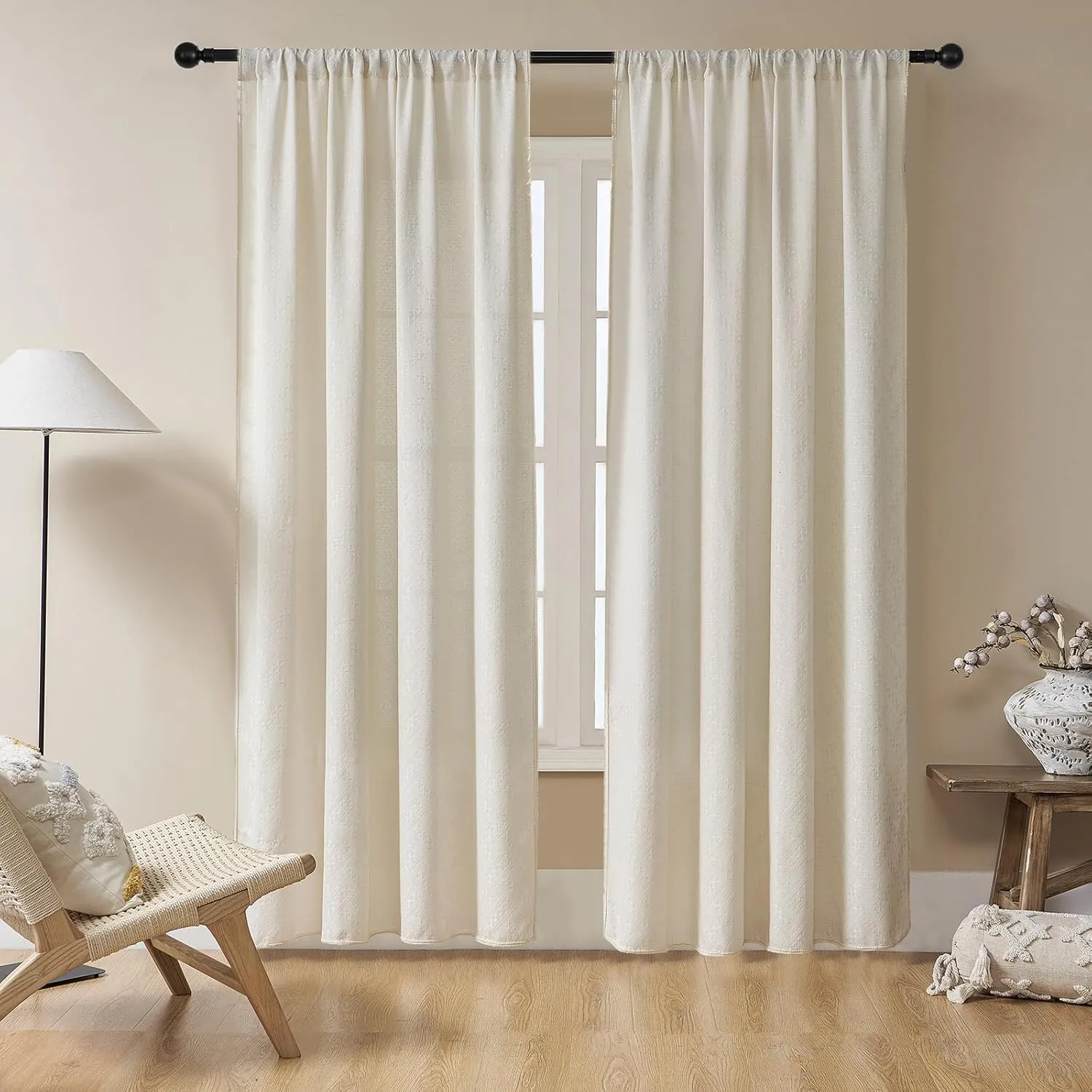 Joydeco Beige Boho Curtains 84 Inch Length 2 Panels, Super Soft Bohemian Farmhouse Curtains, Semi Sheer Light Filtering Drapes for Bedroom Living Room (Rod Pocket with No Tassels, 52Wx84L)