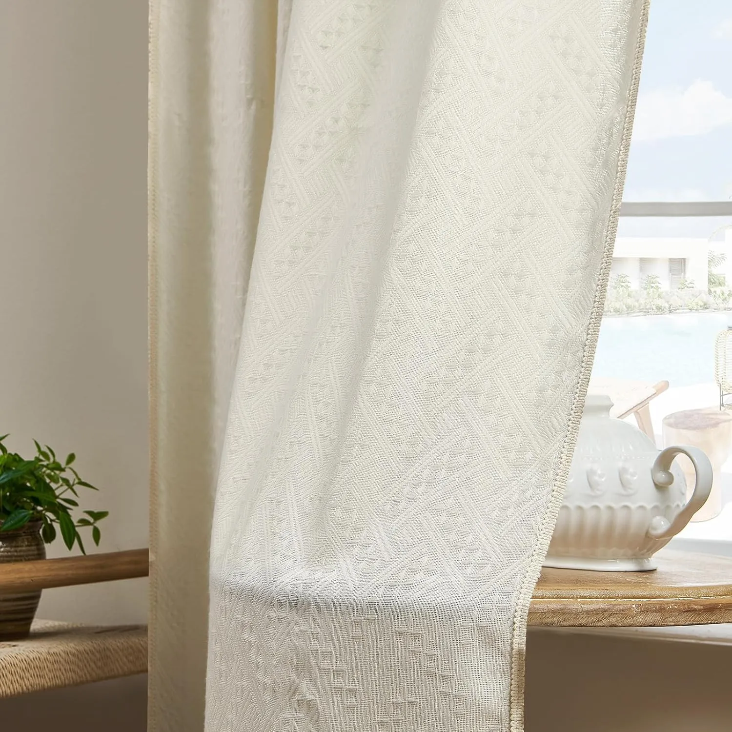 Joydeco Beige Boho Curtains 84 Inch Length 2 Panels, Super Soft Bohemian Farmhouse Curtains, Semi Sheer Light Filtering Drapes for Bedroom Living Room (Rod Pocket with No Tassels, 52Wx84L)