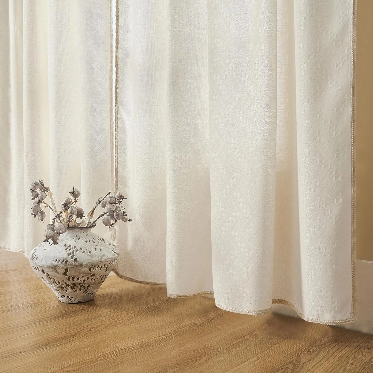Joydeco Beige Boho Curtains 84 Inch Length 2 Panels, Super Soft Bohemian Farmhouse Curtains, Semi Sheer Light Filtering Drapes for Bedroom Living Room (Rod Pocket with No Tassels, 52Wx84L)